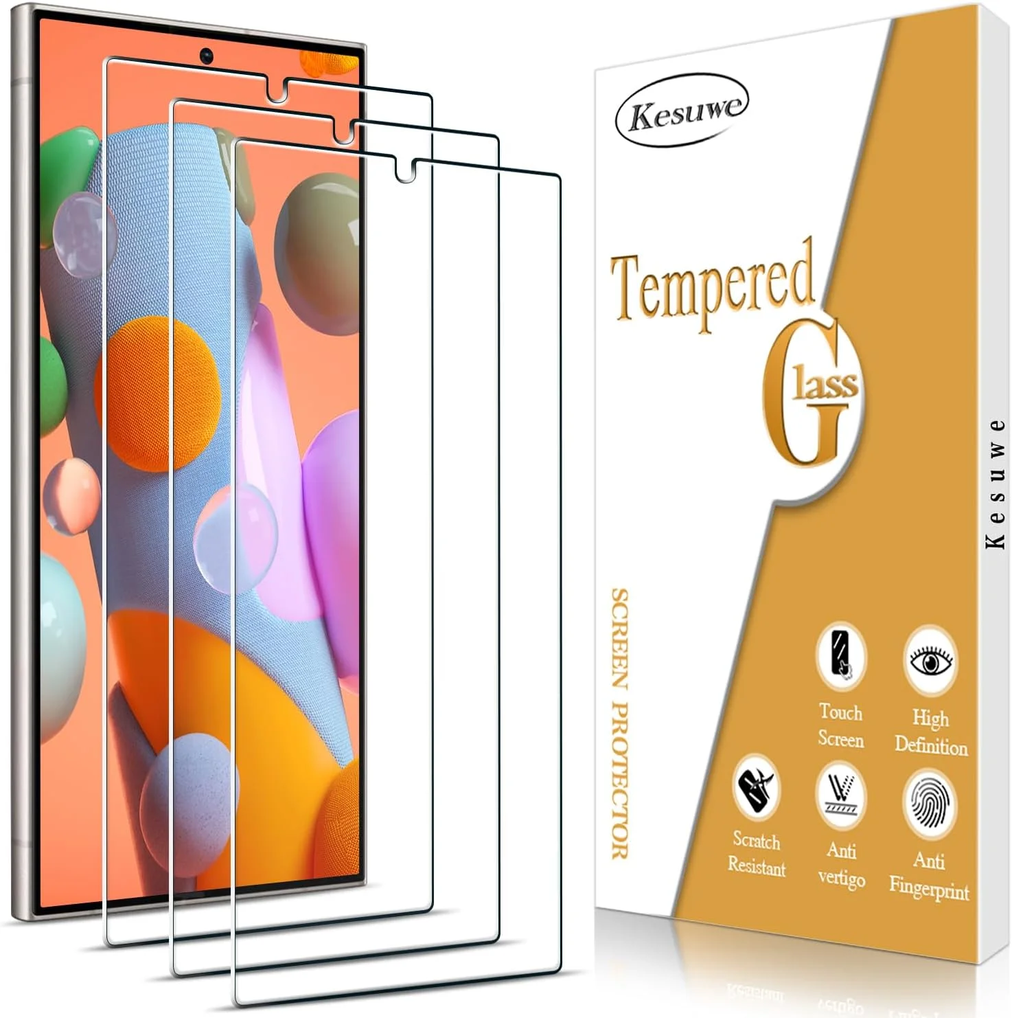 محافظ صفحه نمایش کسووه [بسته 3 عددی] برای سامسونگ گلکسی S24 Ultra، پشتیبانی از شناسه اثر انگشت، ضد خش، ضد حباب، سختی 9H، محافظ صفحه نمایش HD، فوق العاده مقاوم