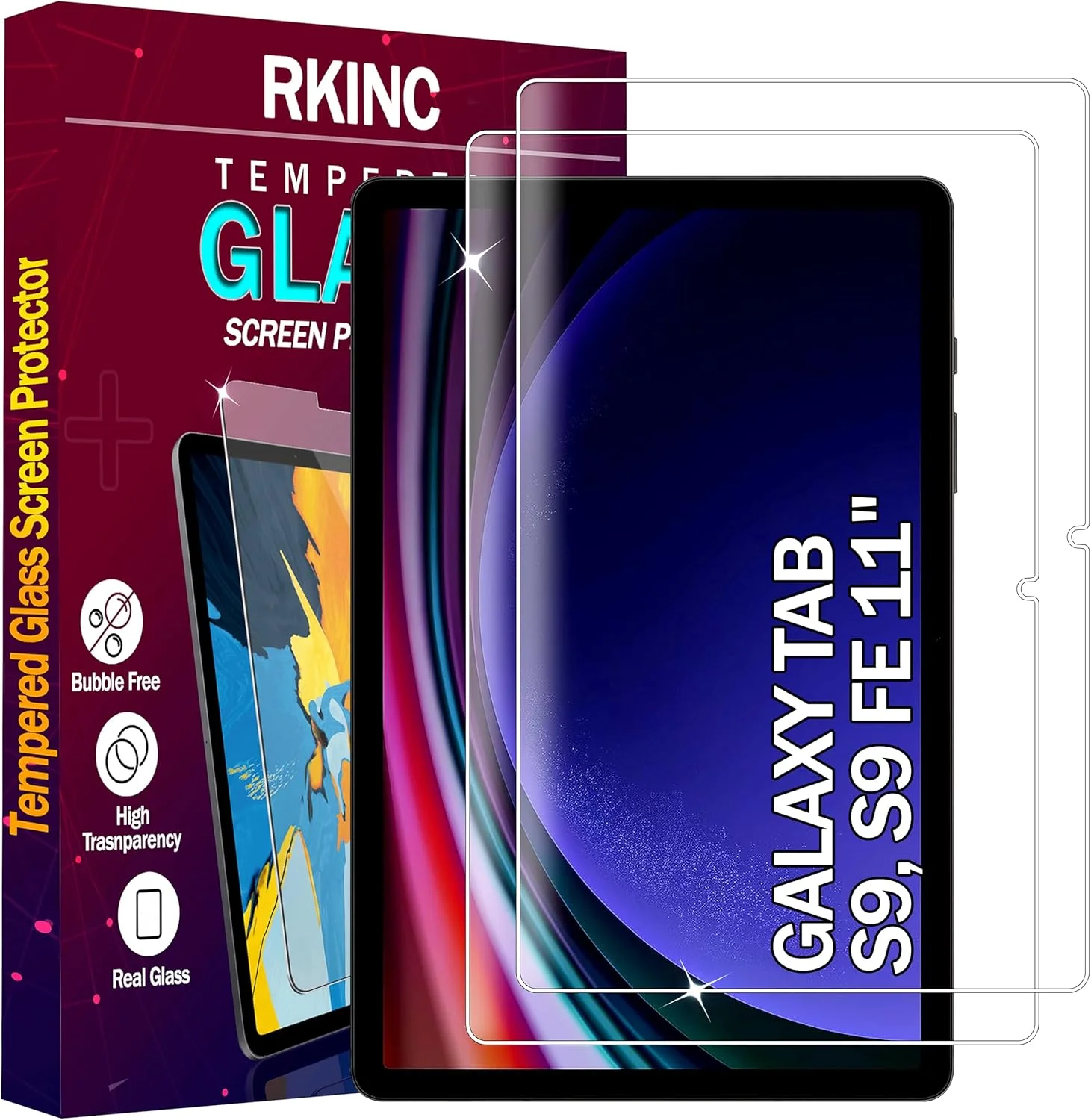 محافظ صفحه نمایش شیشه ای RKINC بسته 2 عددی برای تبلت سامسونگ گلکسی تب S9 11 اینچ و گلکسی تب S9 FE 10.9 اینچ، محافظ صفحه نمایش HD شیشه حرارت دیده، 0.33 میلی متر مقاوم در برابر خراش، بدون حباب