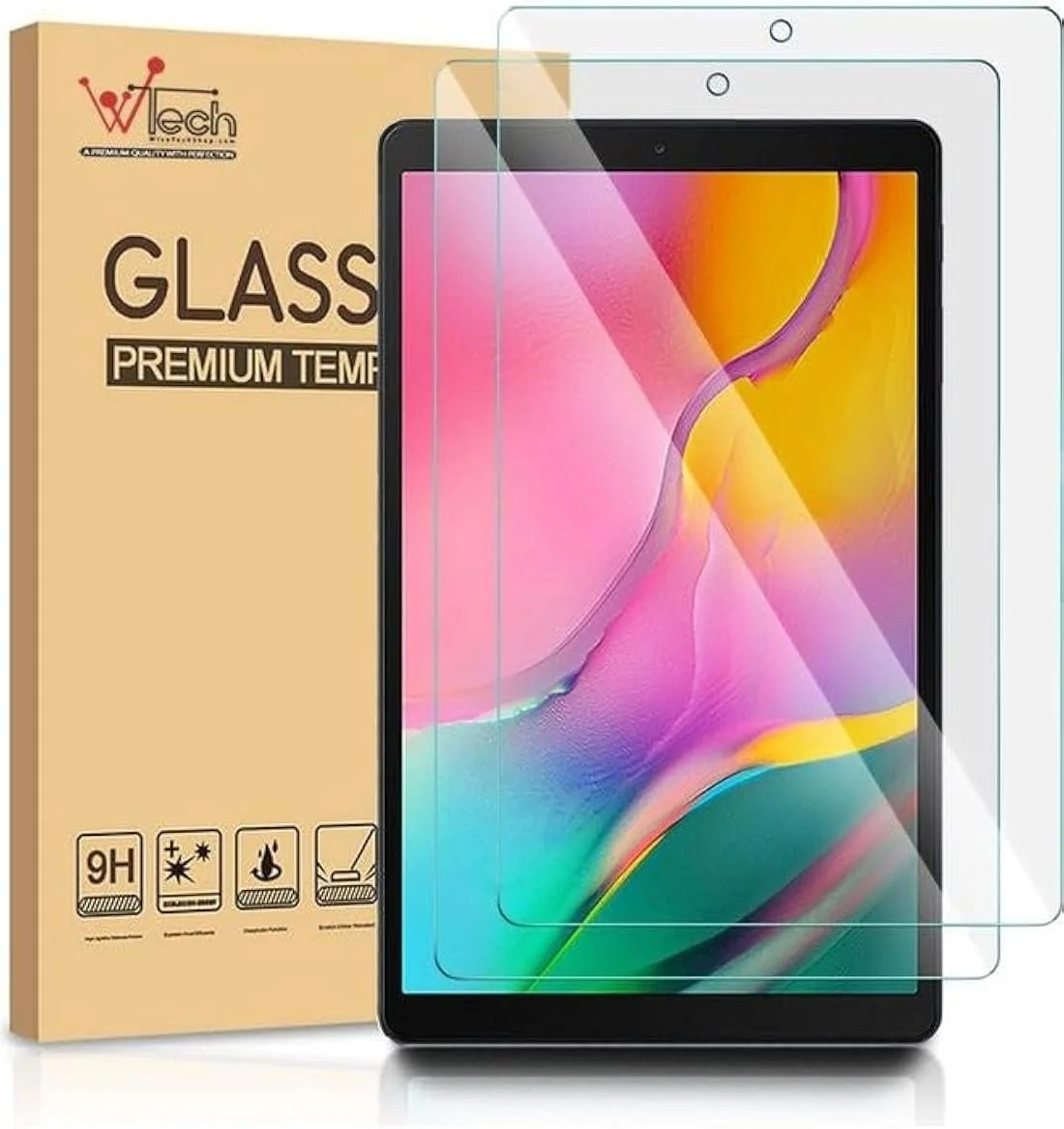 محافظ صفحه نمایش شیشه ای حرارت دیده Wtech HD با سوراخ برای Samsung Galaxy Tab A 2019 T510/T515، 2 عدد، شفاف