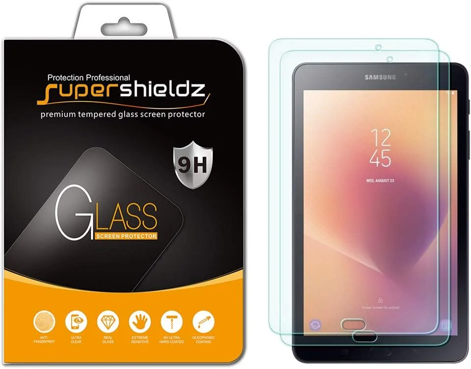 محافظ صفحه نمایش شیشه ای حرارت دیده سوپرشیلدز [2 عددی] برای تبلت سامسونگ گلکسی تب A 8.0 اینچ (2017) [SM-T380]، ضد خش، ضد اثر انگشت، بدون حباب، تعویض مادام العمر