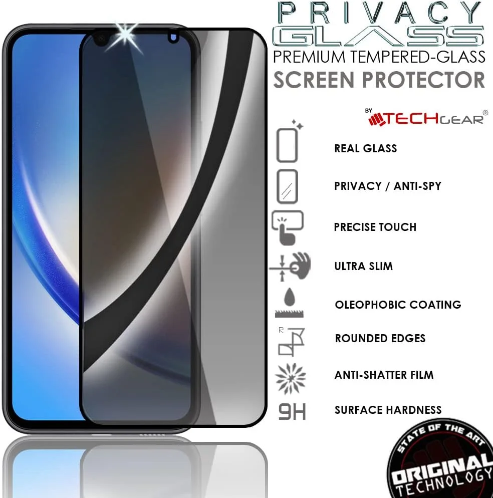 محافظ صفحه نمایش حریم خصوصی TECHGEAR، بسته 2 عددی، سازگار با گوشی سامسونگ گلکسی A34 5G - پوشش کامل، محافظ صفحه نمایش حریم خصوصی 3D Touch با فیلم پوشش کامل