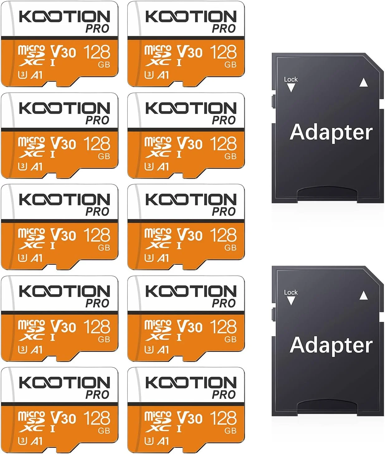 کارت حافظه میکرو اس دی 128 گیگابایتی کوتون با آداپتور، کارت حافظه فلش TF پرسرعت U3، A1، V30، 4K UHD، کارت حافظه microSDXC (بسته 10 عددی)