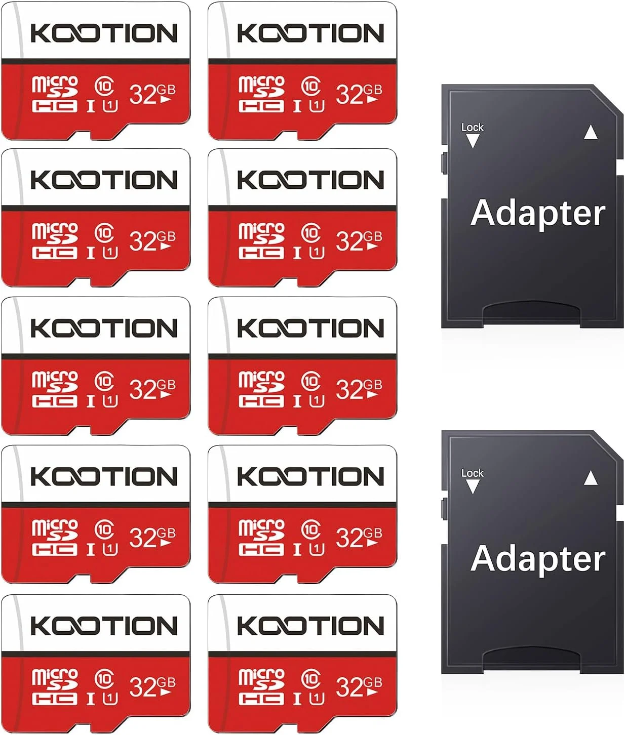 کارت حافظه میکرو اس دی 32 گیگابایتی KOOTION بسته 10 عددی، کارت حافظه فلش UHS-1 TF، کارت microSDHC کلاس 10 U1 به همراه آداپتور