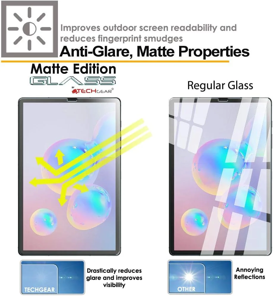 محافظ صفحه نمایش شیشه ای مات ضد بازتاب نور TECHGEAR Galaxy Tab S6 10.5 اینچ، شیشه حرارت دیده [سختی 9H] [مقاوم در برابر خراش] [بدون حباب] طراحی شده برای Samsung Galaxy Tab S6 10.5 اینچ (-T860 / -T865)