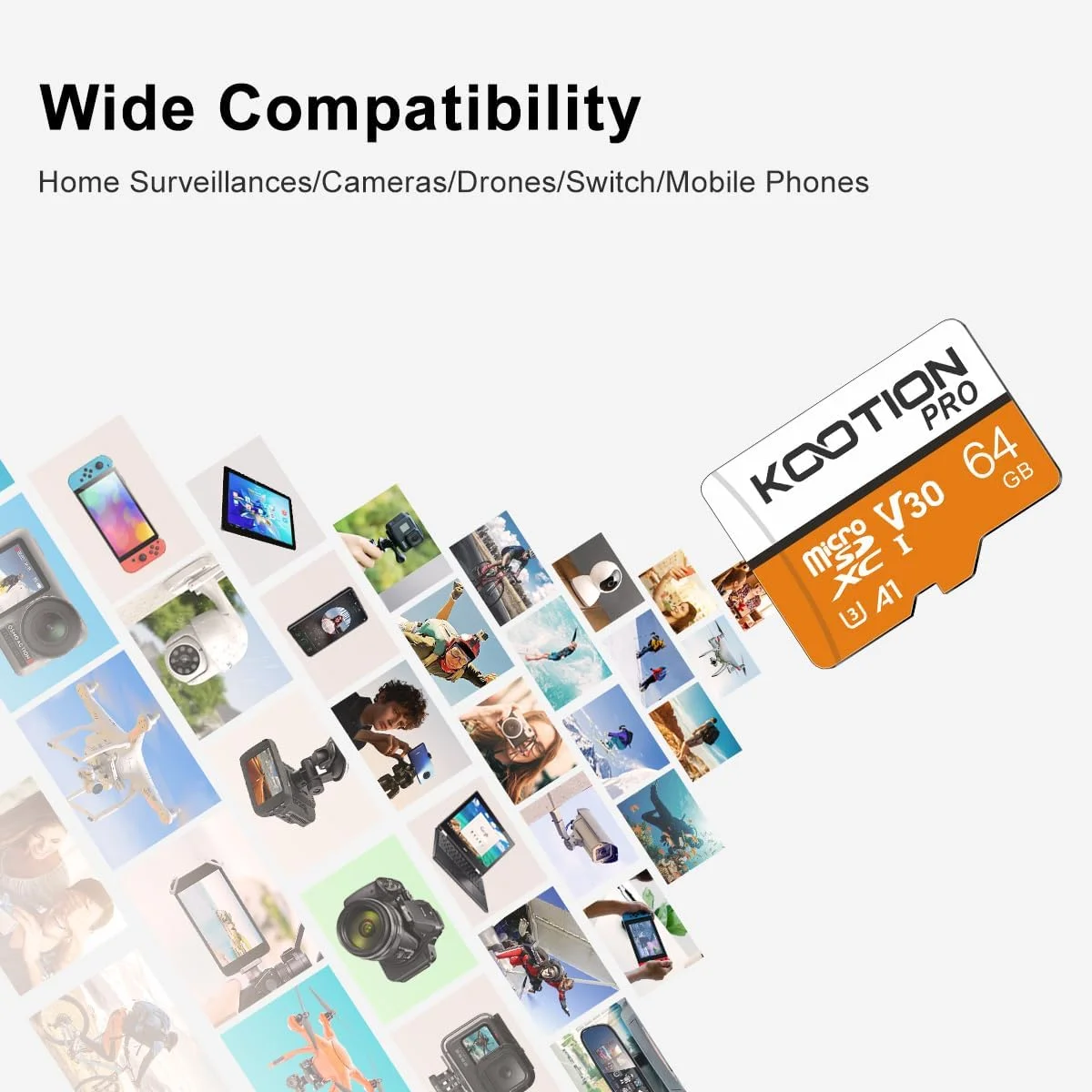 کارت حافظه میکرو اس دی 64 گیگابایتی Kootion، کارت حافظه MicroSDXC، کارت حافظه مینی اس دی U3 UHS-I (A1 V30 4K)، کارت حافظه میکرو اس دی 64G برای دوربین ها، تلفن های همراه، تبلت ها و تلفن های هوشمند اندرویدی