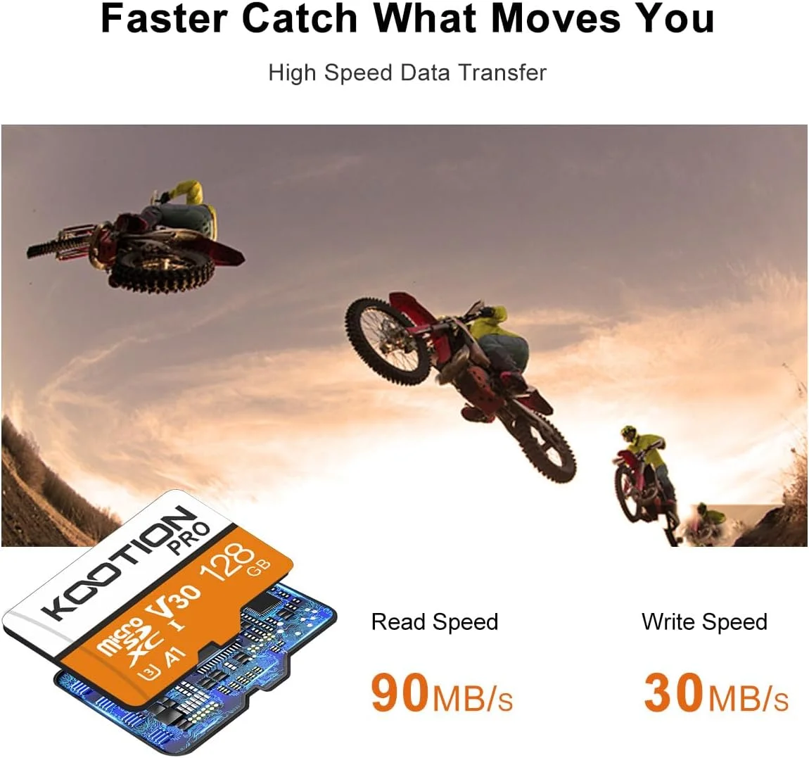 کارت حافظه میکرو اس دی 128 گیگابایتی KOOTION، دوربین 4K Pro، ویدئو UHD برای GoPro، دوربین اکشن، پهپاد، تلفن هوشمند، سرعت خواندن/نوشتن تا 90/35 مگابایت بر ثانیه کارت حافظه MicroSDXC UHS-I U3 A1 V30