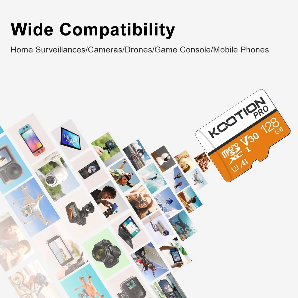 کارت حافظه میکرو اس دی 128 گیگابایتی KOOTION، دوربین 4K Pro، ویدئو UHD برای GoPro، دوربین اکشن، پهپاد، تلفن هوشمند، سرعت خواندن/نوشتن تا 90/35 مگابایت بر ثانیه کارت حافظه MicroSDXC UHS-I U3 A1 V30