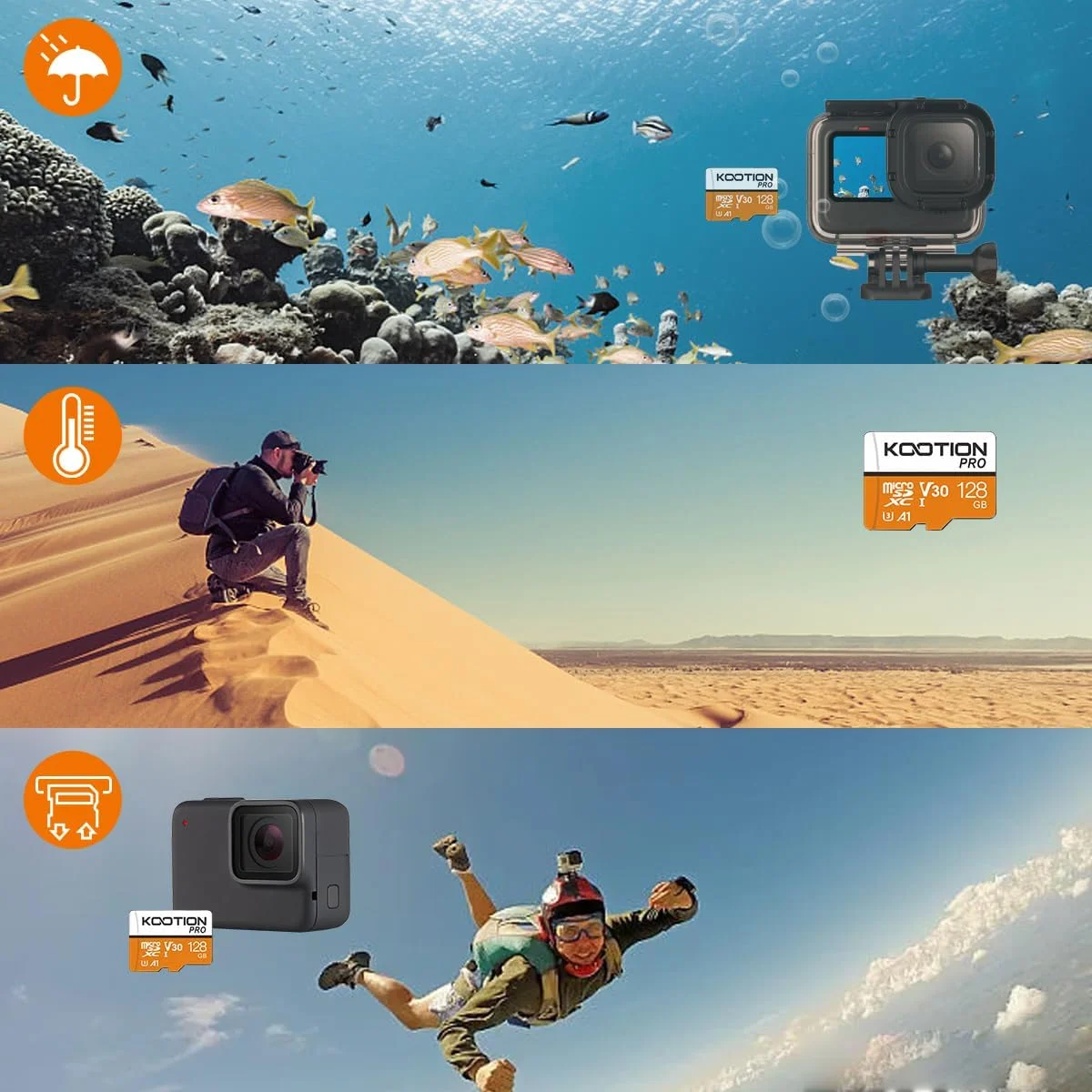 کارت حافظه میکرو اس دی 128 گیگابایتی KOOTION، دوربین 4K Pro، ویدئو UHD برای GoPro، دوربین اکشن، پهپاد، تلفن هوشمند، سرعت خواندن/نوشتن تا 90/35 مگابایت بر ثانیه کارت حافظه MicroSDXC UHS-I U3 A1 V30