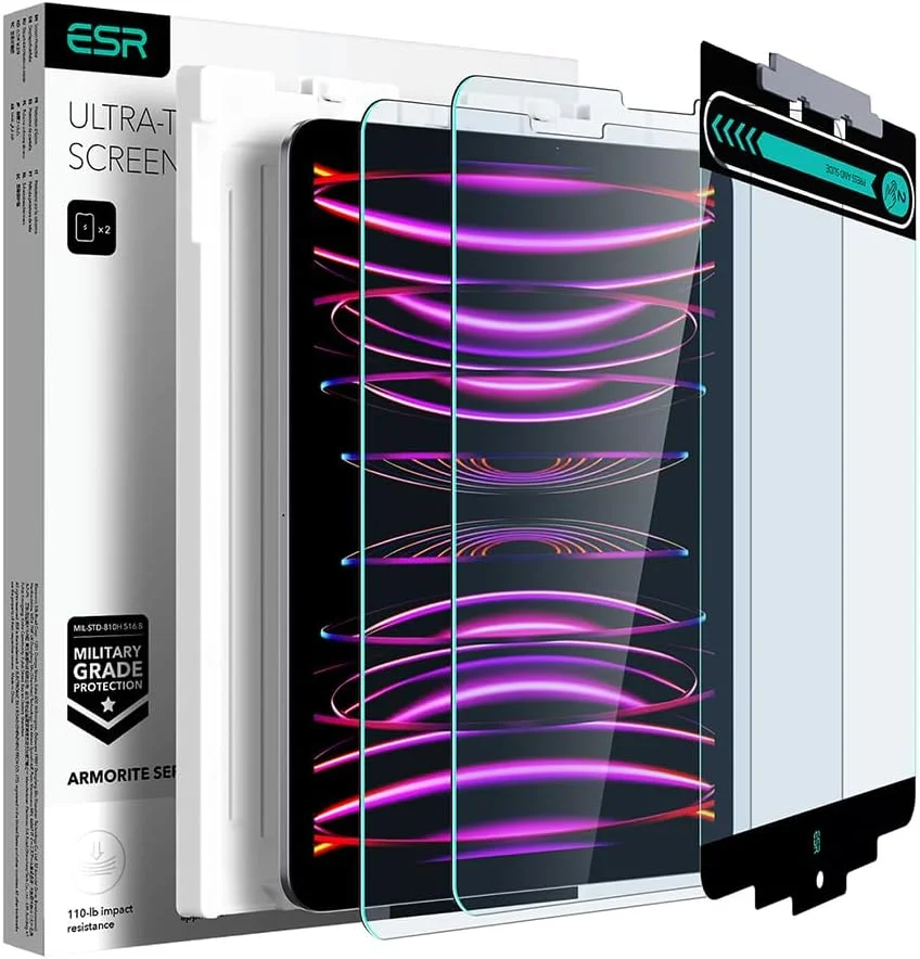 محافظ صفحه نمایش شیشه ای ESR برای آیپد پرو 12.9 اینچ (2022/2021/2020/2018)، فیلم شیشه حرارت دیده با سینی نصب آسان، محافظت درجه نظامی، مقاوم در برابر خراش، وضوح HD، سری Armorite، بسته 2 عددی