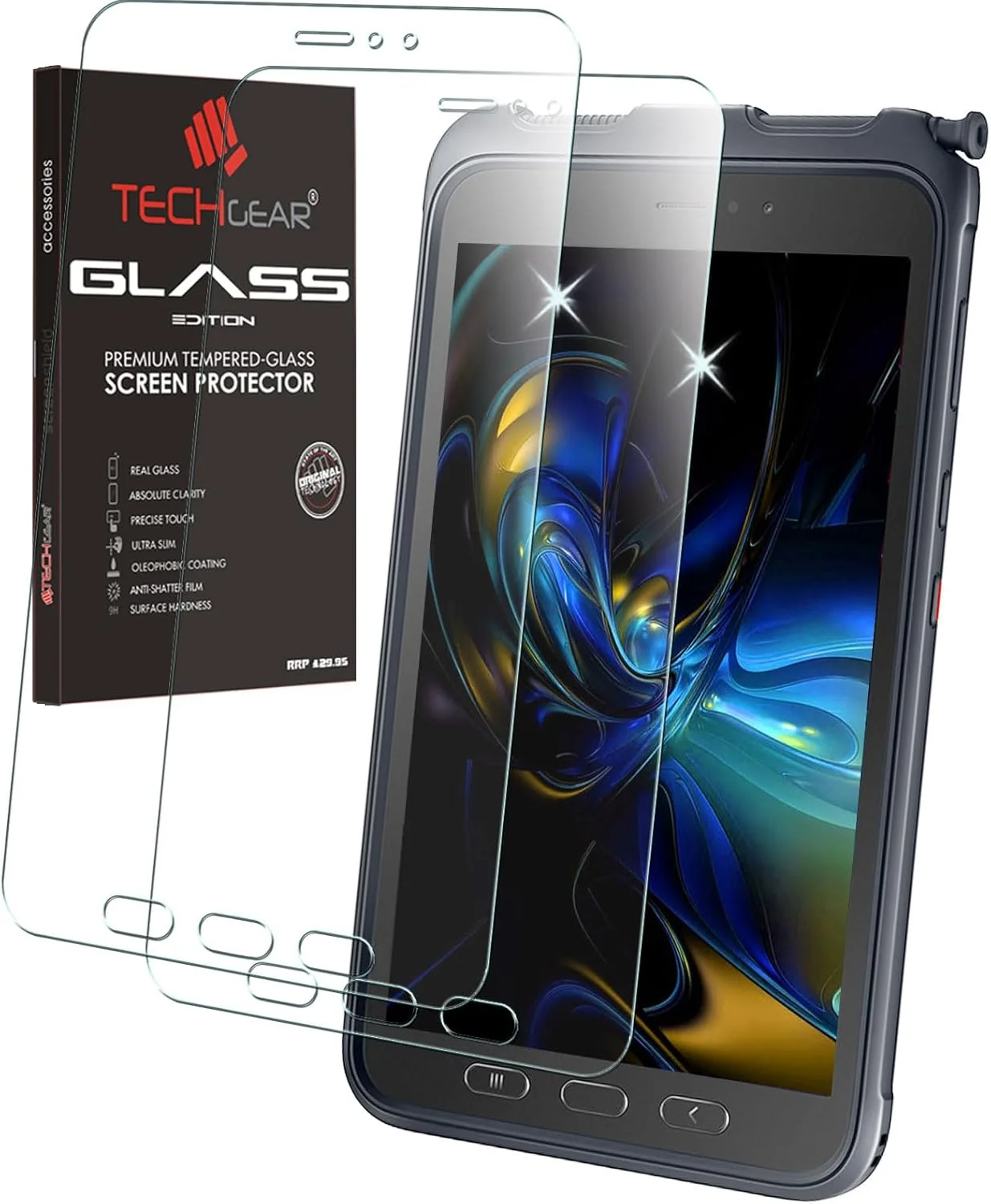 محافظ صفحه نمایش شیشه ای حرارت دیده TECHGEAR Galaxy Tab Active 3 8 اینچی (دو عددی) مدل SM-T570 / T575 / T577 [9H] [وضوح HD] [مقاوم در برابر خراش] طراحی شده برای Samsung Galaxy Tab Active 3