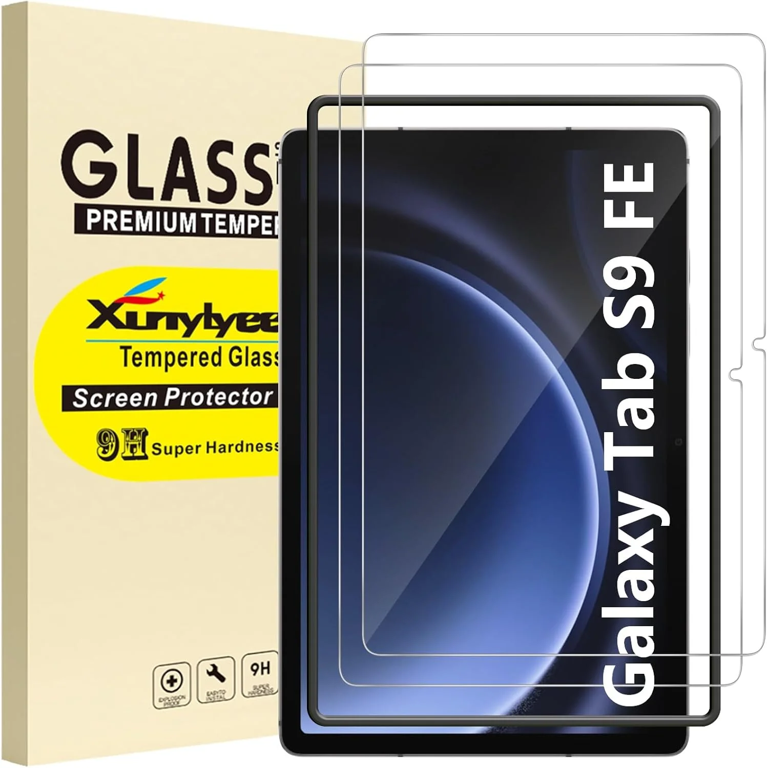XunyLyee [بسته 2 عددی محافظ صفحه نمایش سازگار با Samsung Galaxy Tab S9 FE شیشه حرارت دیده، فیلم شیشه ای شفاف HD ضد خش و ضد حباب]
