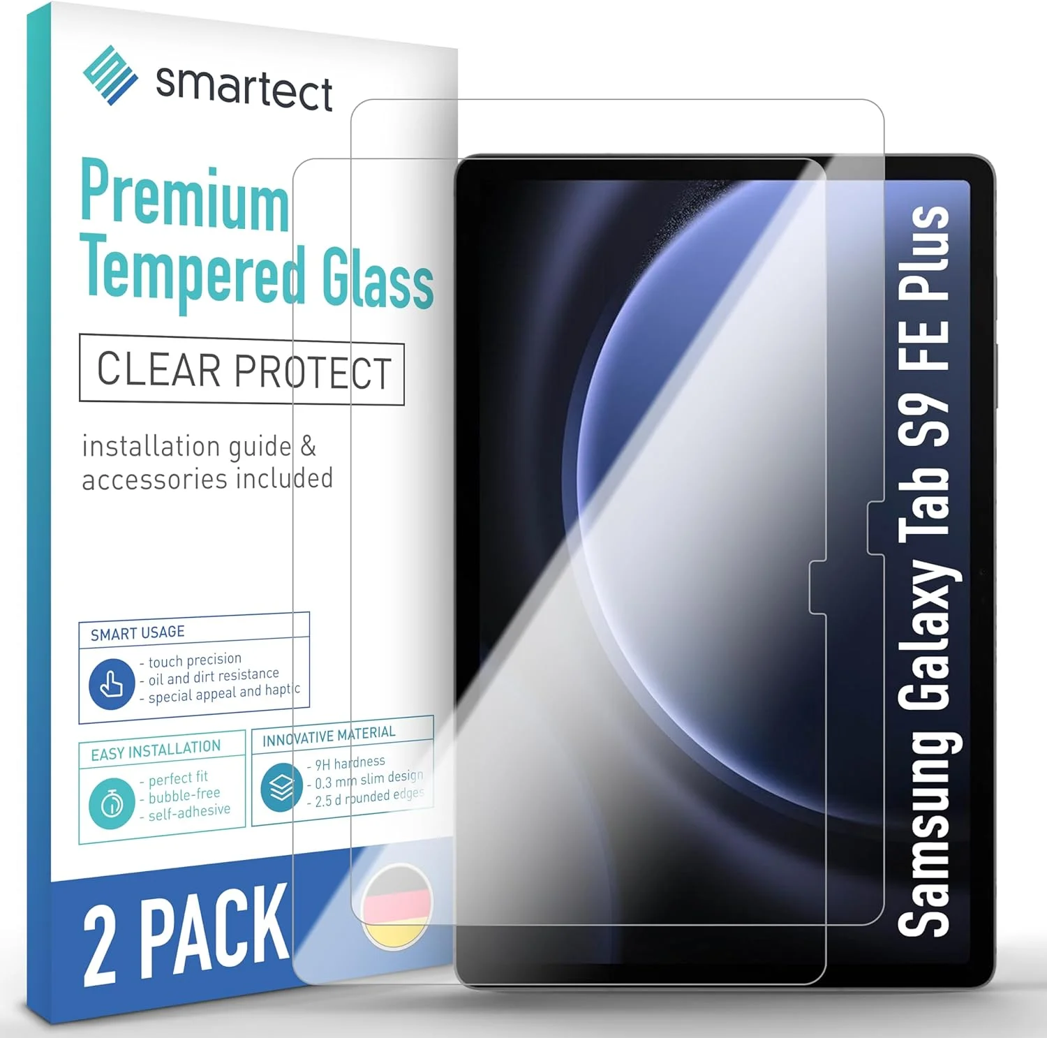 محافظ صفحه نمایش شیشه ای اسمارتکت [2 عدد، شفاف] سازگار با Samsung Galaxy Tab S9 FE Plus، شیشه محافظ ضد خش، شیشه Gerhard 9H، بدون حباب، فوق العاده مقاوم، ضد اثر انگشت