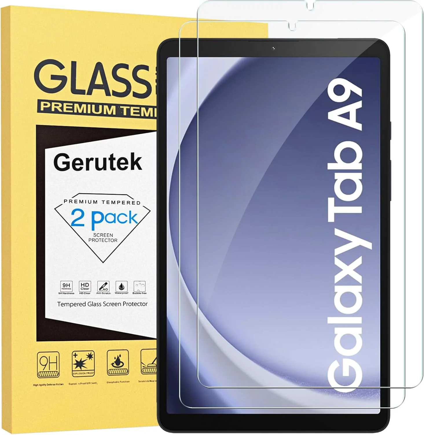 محافظ صفحه نمایش Gerutek بسته 2 عددی برای تبلت سامسونگ گلکسی تب A9 8.7 اینچ 2023، سختی 9H، شیشه محافظ سازگار با قاب، ضد خش و ضد حباب برای گلکسی تب A9 (SM-X110/ SM-X115)