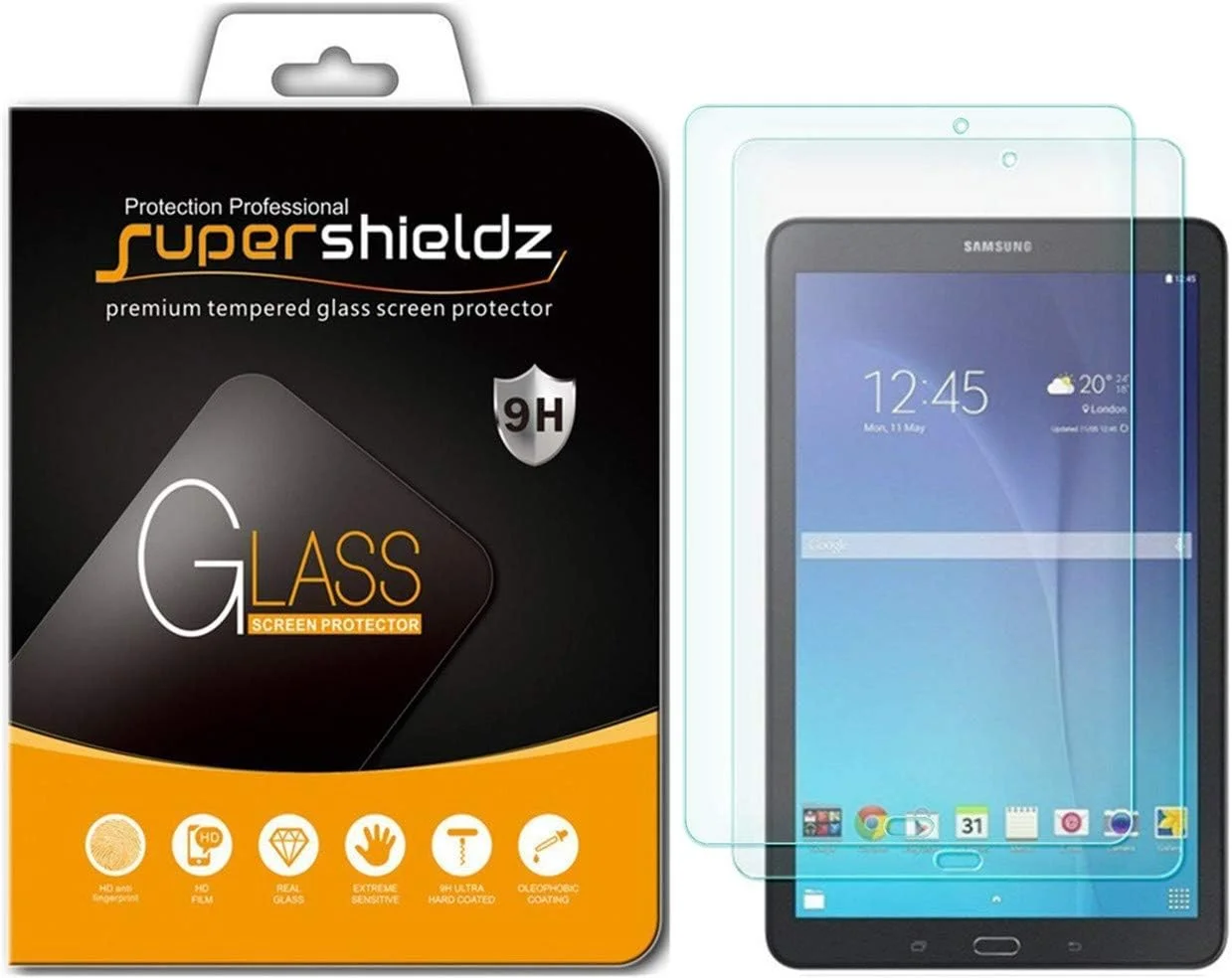 محافظ صفحه نمایش شیشه ای حرارت دیده سوپراشیلدز برای تبلت سامسونگ گلکسی تب E 9.6 اینچ، ضد خش، بدون حباب، [بسته 2 عددی]