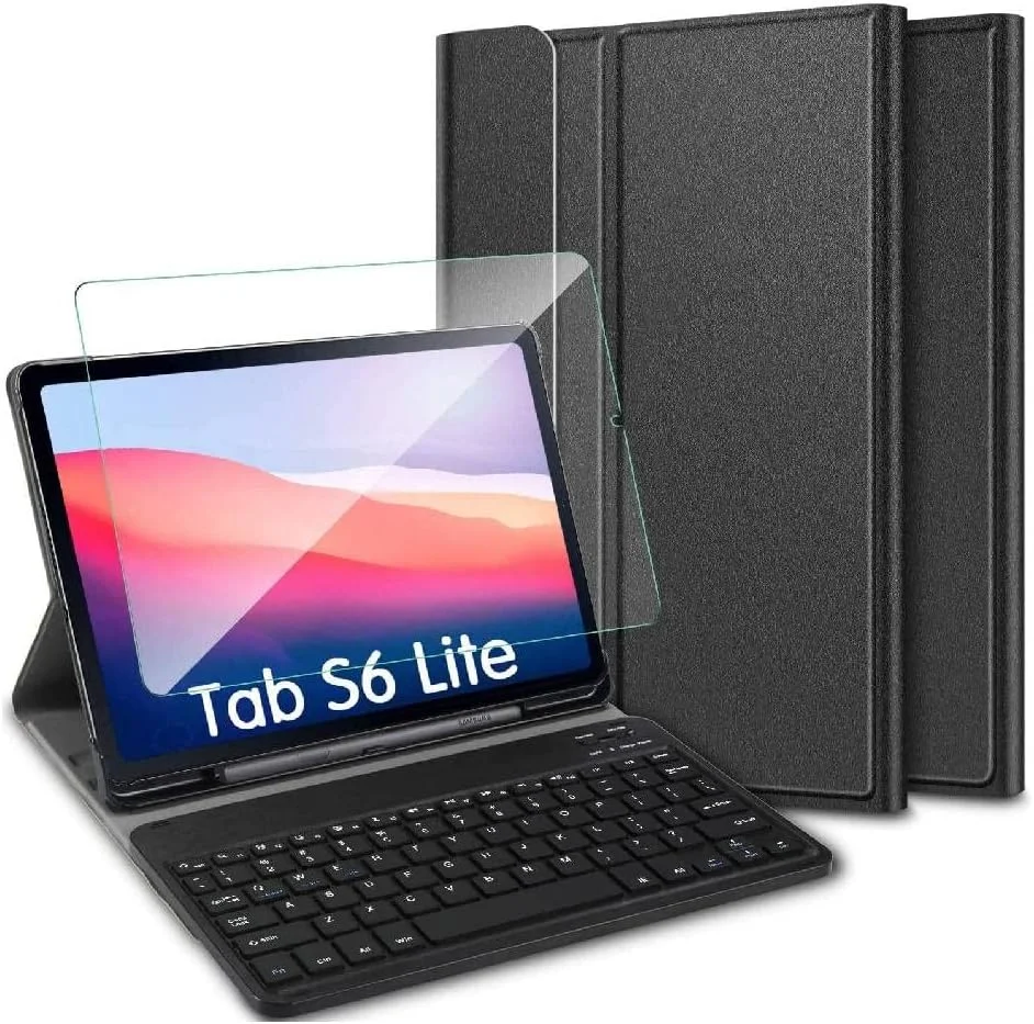 کیبورد تبلت با کاور چرمی محافظ هوشمند بی‌سیم بلوتوثی جداشدنی ضدآب با پایه مغناطیسی و محافظ صفحه نمایش شیشه‌ای حرارت دیده مناسب برای تبلت سامسونگ گلکسی تب S6 لایت 10.4 اینچ