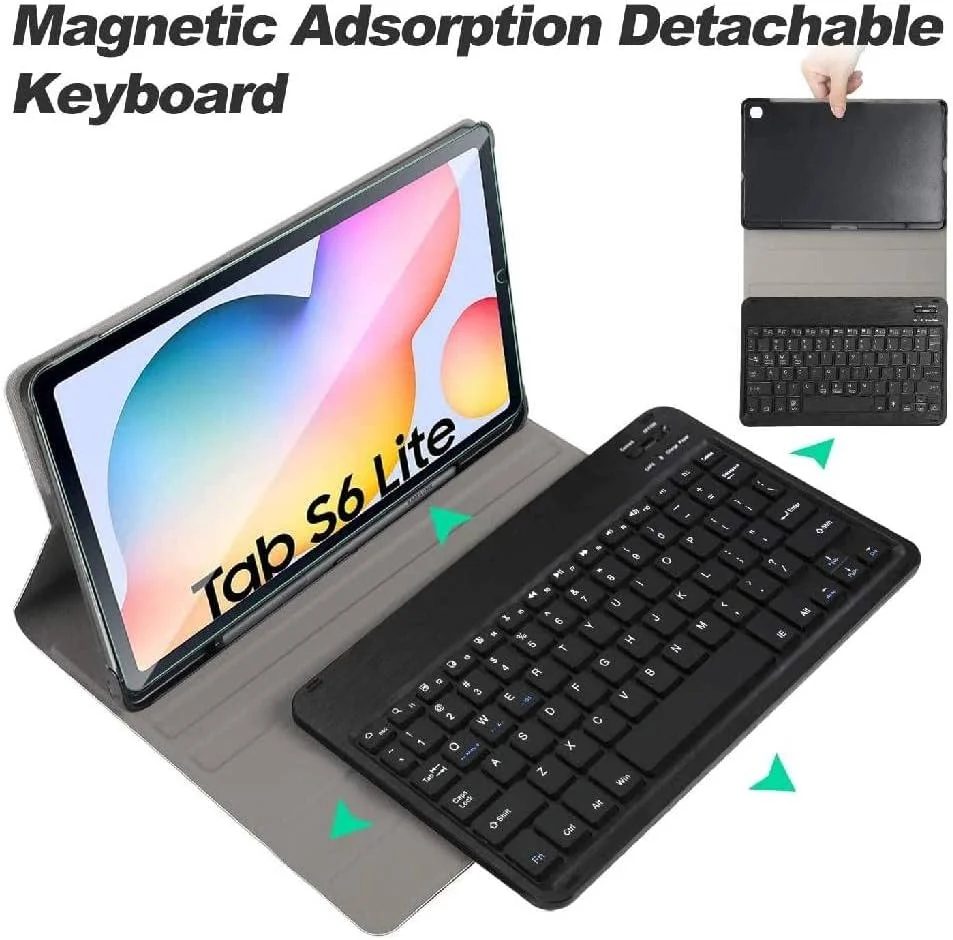 کیبورد تبلت با کاور چرمی محافظ هوشمند بی‌سیم بلوتوثی جداشدنی ضدآب با پایه مغناطیسی و محافظ صفحه نمایش شیشه‌ای حرارت دیده مناسب برای تبلت سامسونگ گلکسی تب S6 لایت 10.4 اینچ