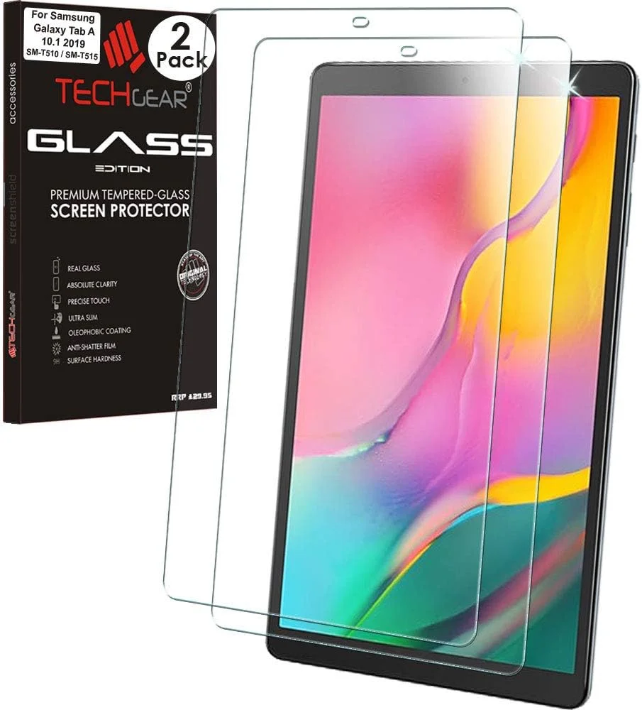 محافظ صفحه نمایش شیشه ای TECHGEAR (بسته 2 عددی) سازگار با Samsung Galaxy Tab A 10.1 اینچ 2019 (-T510 / -T515)، محافظ صفحه نمایش شیشه حرارت دیده [9H] [وضوح HD] [مقاوم در برابر خراش] [بدون حباب]