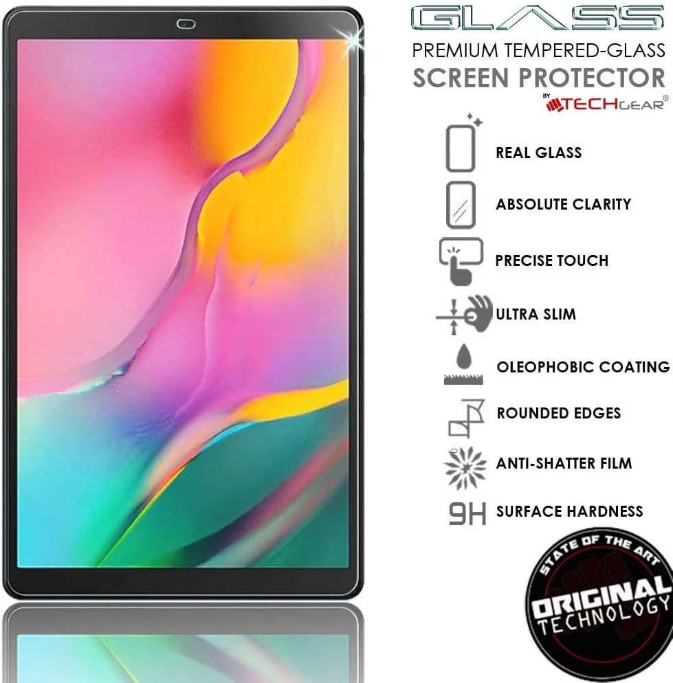 محافظ صفحه نمایش شیشه ای TECHGEAR (بسته 2 عددی) سازگار با Samsung Galaxy Tab A 10.1 اینچ 2019 (-T510 / -T515)، محافظ صفحه نمایش شیشه حرارت دیده [9H] [وضوح HD] [مقاوم در برابر خراش] [بدون حباب]