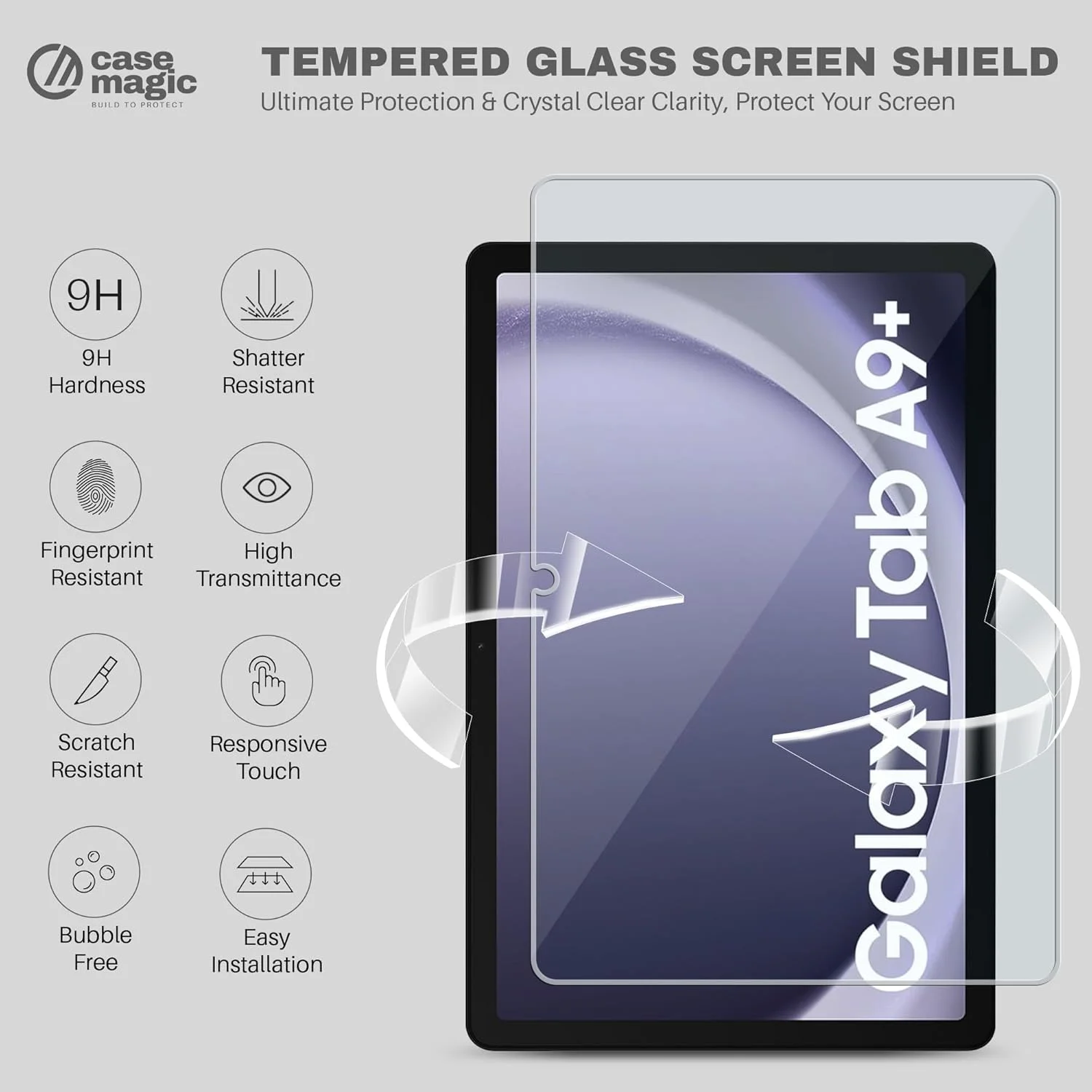 محافظ صفحه نمایش شیشه ای حرارت دیده Case-Magic بسته 2 عددی برای تبلت سامسونگ گلکسی تب A9 پلاس 11 اینچ 2023، سختی 9H، فوق العاده شفاف، مقاوم در برابر خراش، لمس حساس، ضد شکستن، بدون حباب