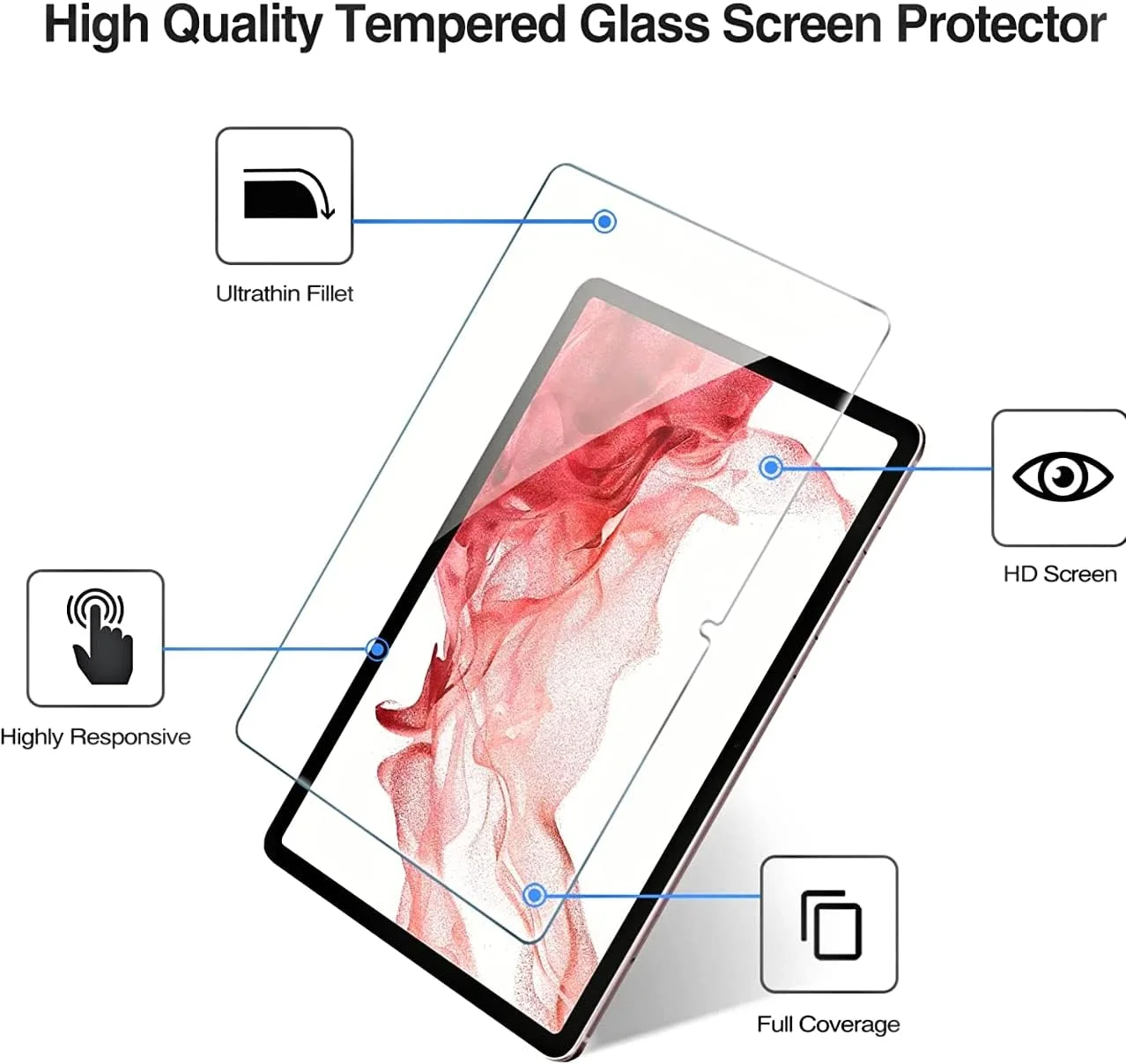 محافظ صفحه نمایش شیشه ای حرارت دیده با سختی 9H برای تبلت سامسونگ گلکسی تب S8 11 اینچ 2022، سازگار با تشخیص چهره و انواع قاب