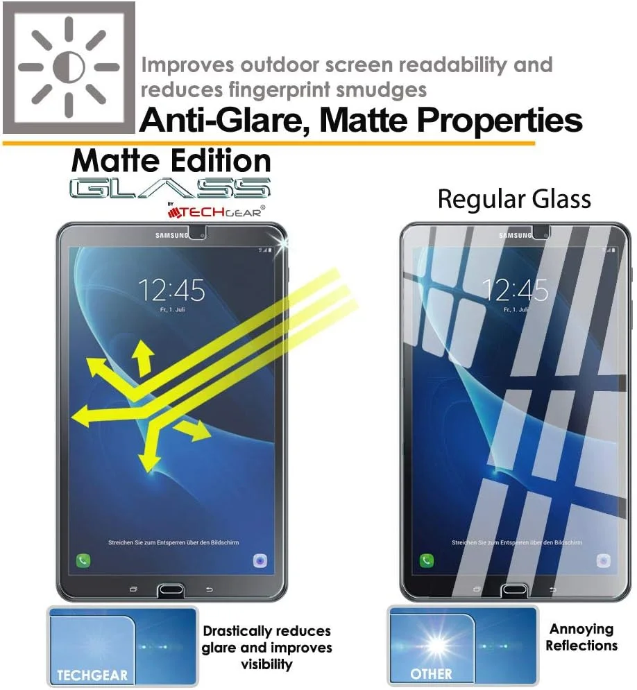 محافظ صفحه نمایش مات ضد تابش نور TECHGEAR سازگار با Samsung Galaxy Tab A 6 10.1" 2016/2018 (-T580 Series) - نسخه شیشه ای مات، محافظ صفحه نمایش شیشه ای حرارت دیده