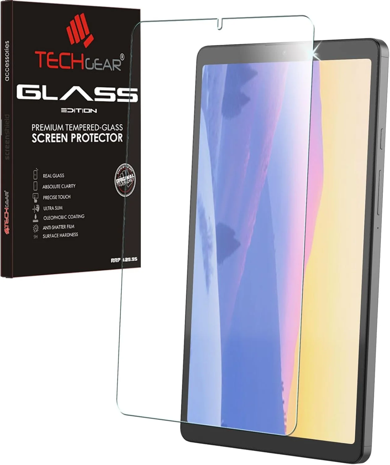 محافظ صفحه نمایش شیشه ای TECHGEAR Galaxy Tab A9 8.7 اینچی (SM-X110 / SM-X115) [سختی 9H] [وضوح HD] [مقاوم در برابر خراش] [بدون حباب] ساخته شده برای Samsung Galaxy Tab A9 2023