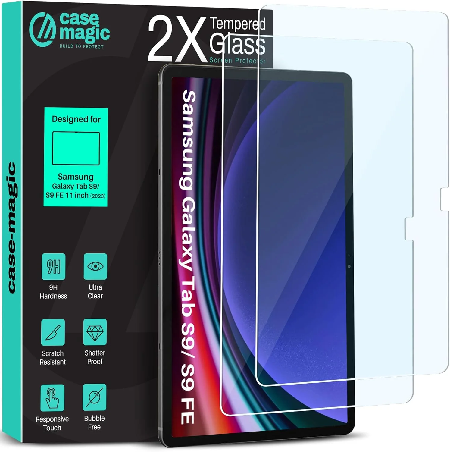 محافظ صفحه نمایش شیشه ای تمپرد Case-Magic بسته 2 عددی برای تبلت سامسونگ گلکسی تب S9 11 اینچ 2023، سختی 9H، فوق العاده شفاف، مقاوم در برابر خراش، لمس حساس، ضد شکستگی، بدون حباب