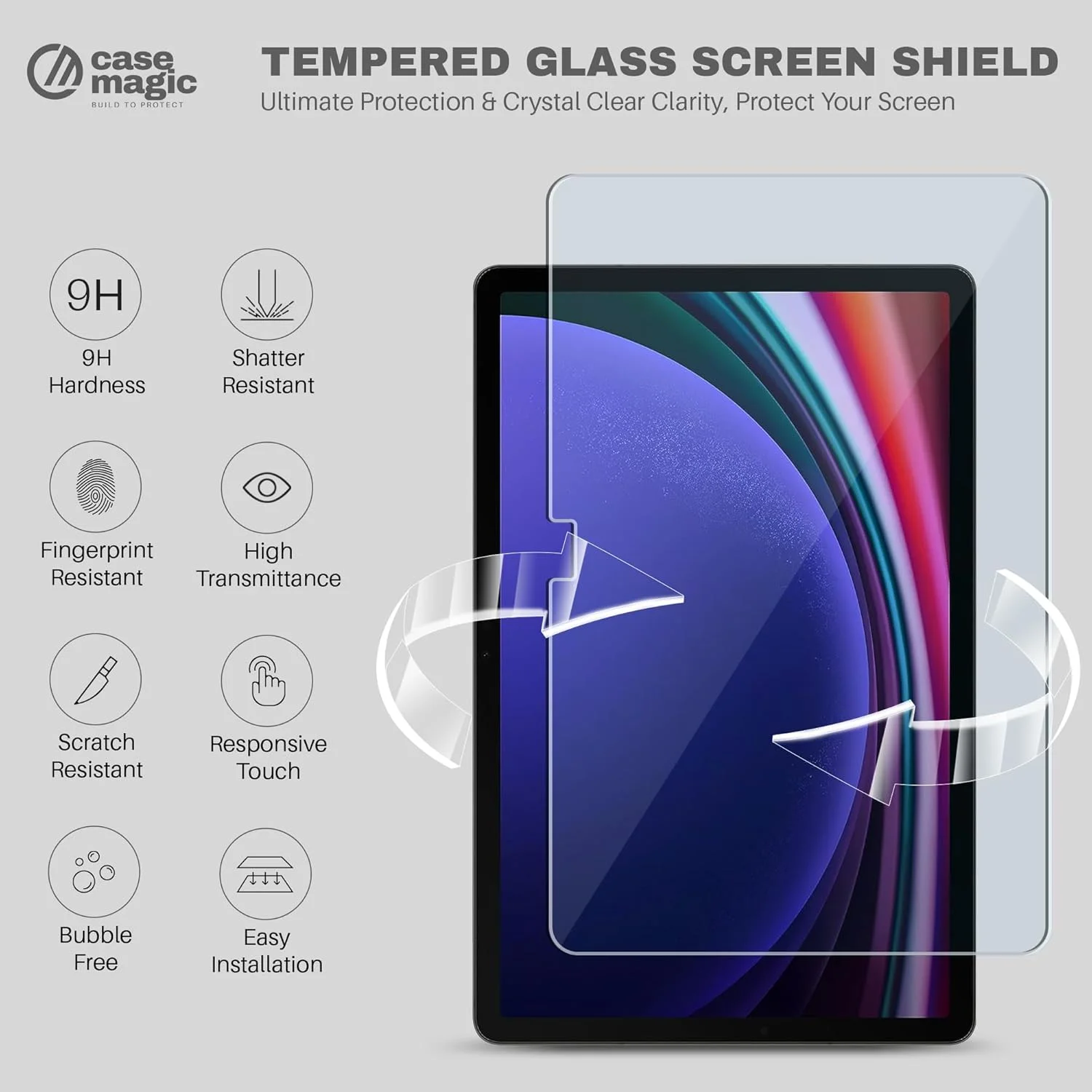 محافظ صفحه نمایش شیشه ای تمپرد Case-Magic بسته 2 عددی برای تبلت سامسونگ گلکسی تب S9 11 اینچ 2023، سختی 9H، فوق العاده شفاف، مقاوم در برابر خراش، لمس حساس، ضد شکستگی، بدون حباب