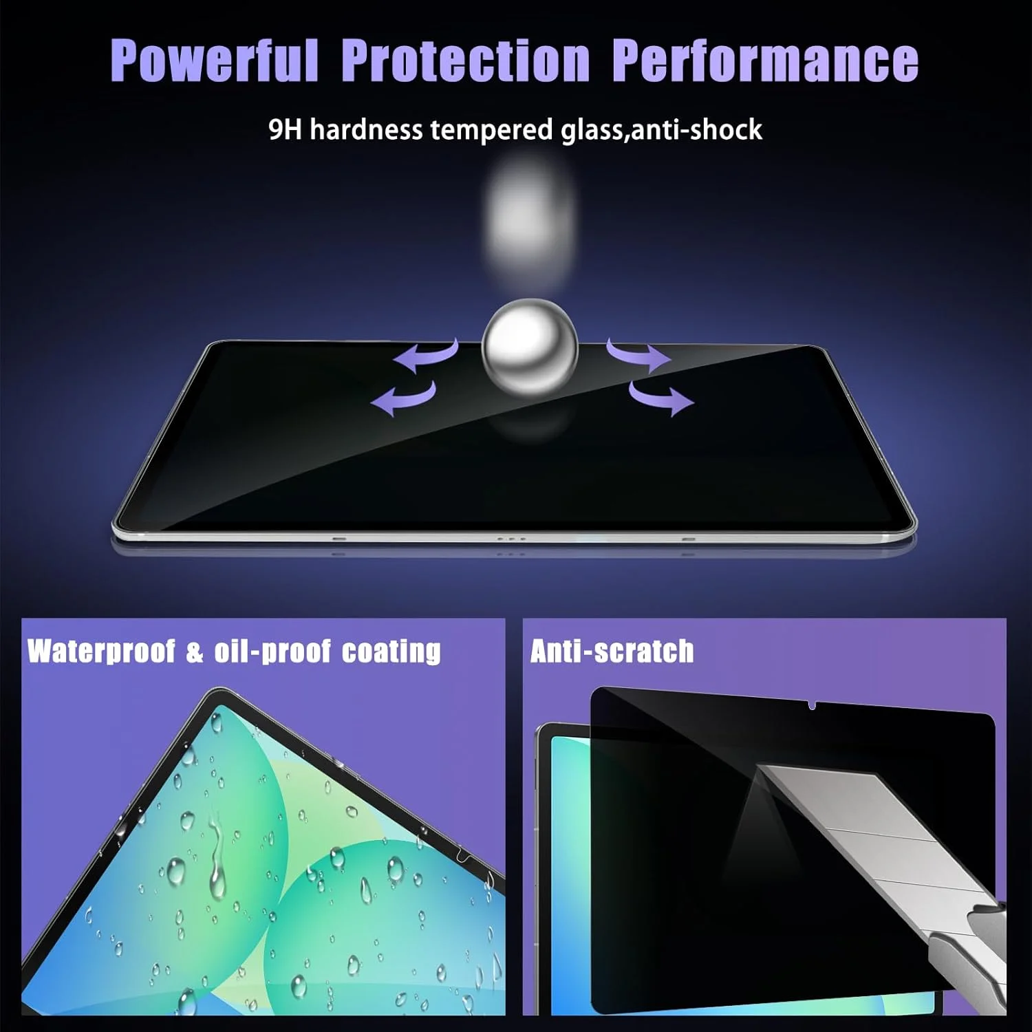 محافظ صفحه نمایش حریم خصوصی 180 درجه ToVioc برای تبلت سامسونگ گلکسی تب S10 FE+، محافظ صفحه نمایش سخت شده تبلت با سختی 9H، محافظ صفحه نمایش ضد جاسوسی برای گلکسی تب S10 FE+