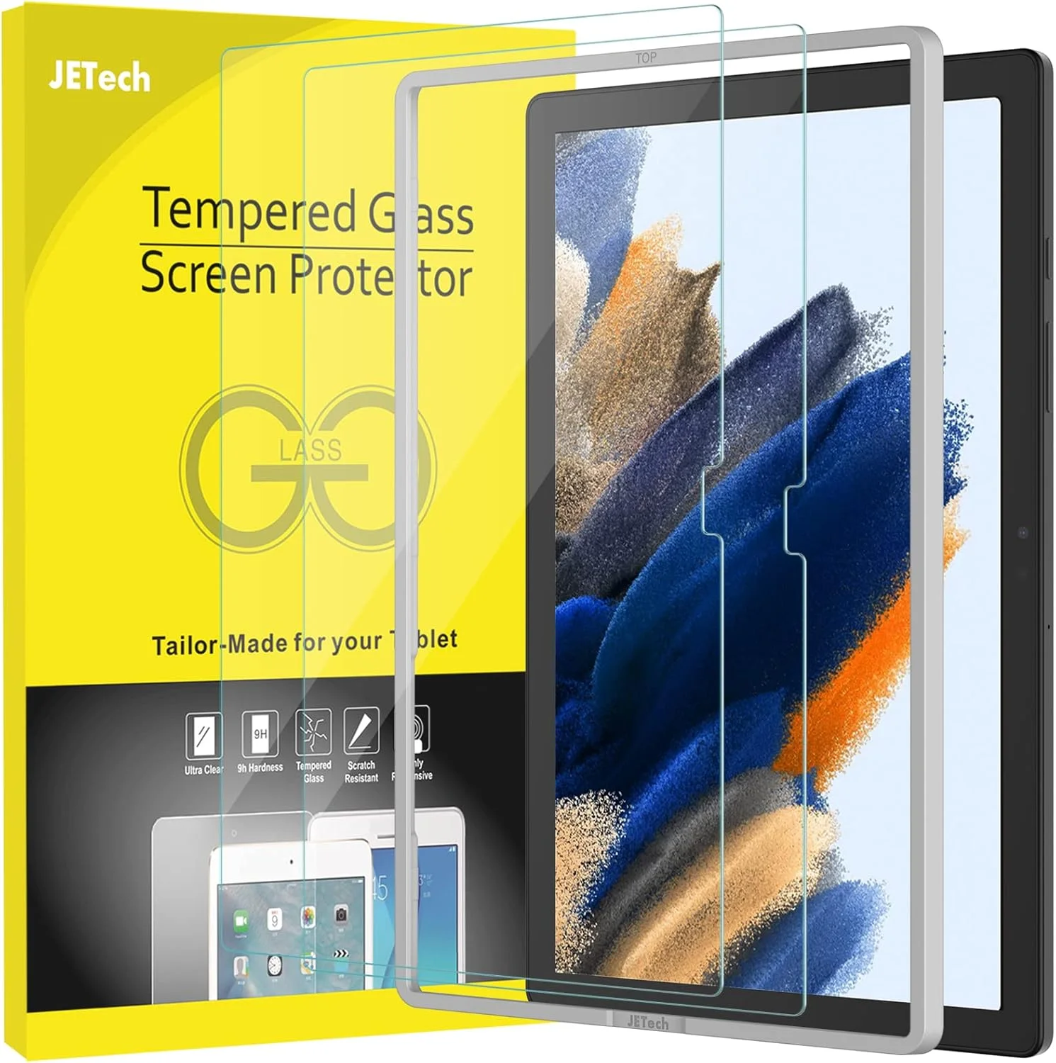محافظ صفحه نمایش JETech سازگار با Samsung Galaxy Tab A8 (10.5 اینچی، مدل 2021، SM-X200/X205/X207)، فیلم شیشه ای حرارت دیده 9H ضد خش، HD شفاف با ابزار نصب آسان، 2 عدد