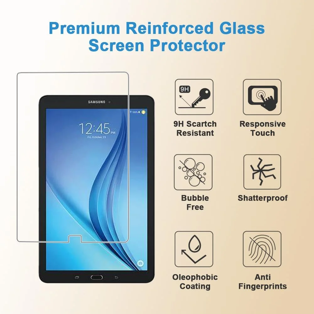 محافظ صفحه نمایش Shunwige برای Samsung Galaxy Tab E T560، شیشه حرارت دیده، سختی 9H، ضد خش، بدون حباب، نصب آسان و سازگار با قاب (1 عدد)