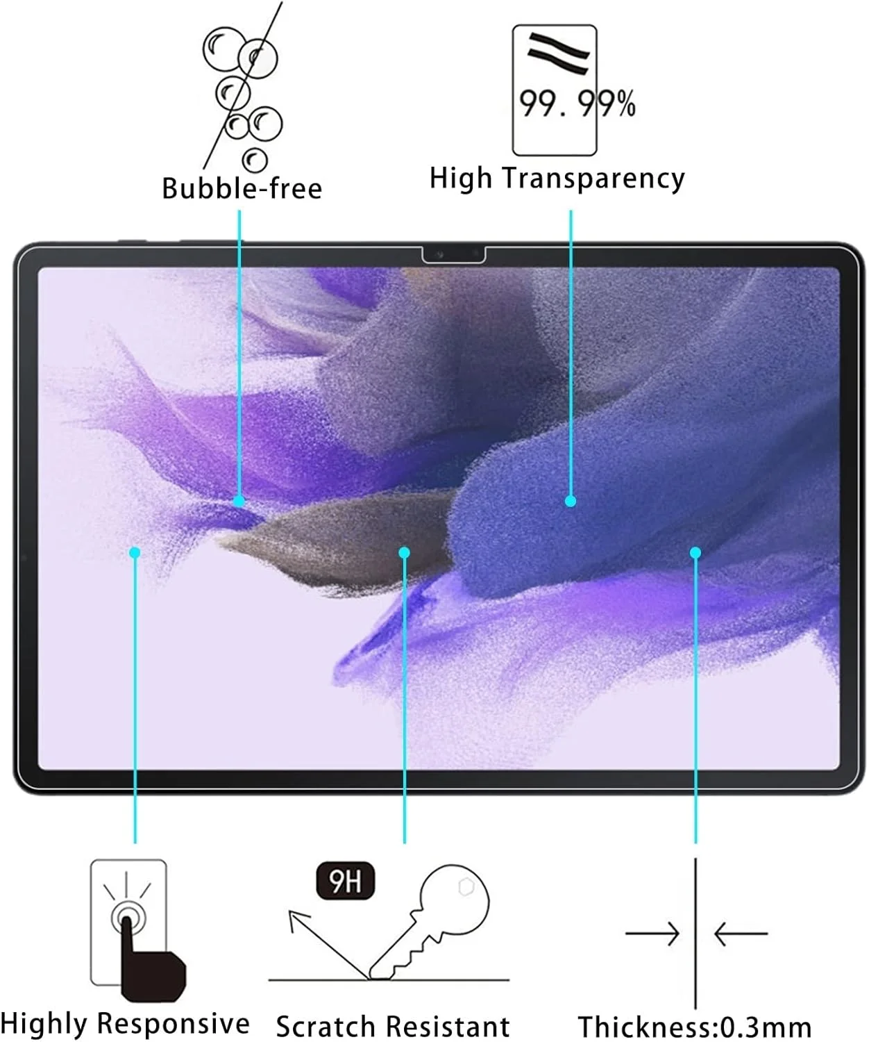 محافظ صفحه نمایش شیشه ای حرارت دیده تبلت سامسونگ گلکسی تب S7 FE، 2 عدد، 9H، 2.5D، ضد انفجار