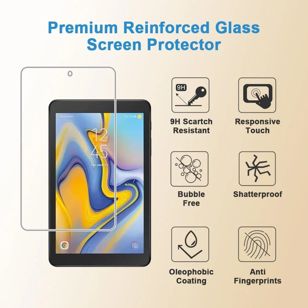 محافظ صفحه نمایش Shunwige برای تبلت سامسونگ گلکسی تب A 8.0 اینچ (مدل SM-T387)، شیشه حرارت دیده، سختی 9H، ضد خش، بدون حباب، نصب آسان و سازگار با قاب (1 عدد)