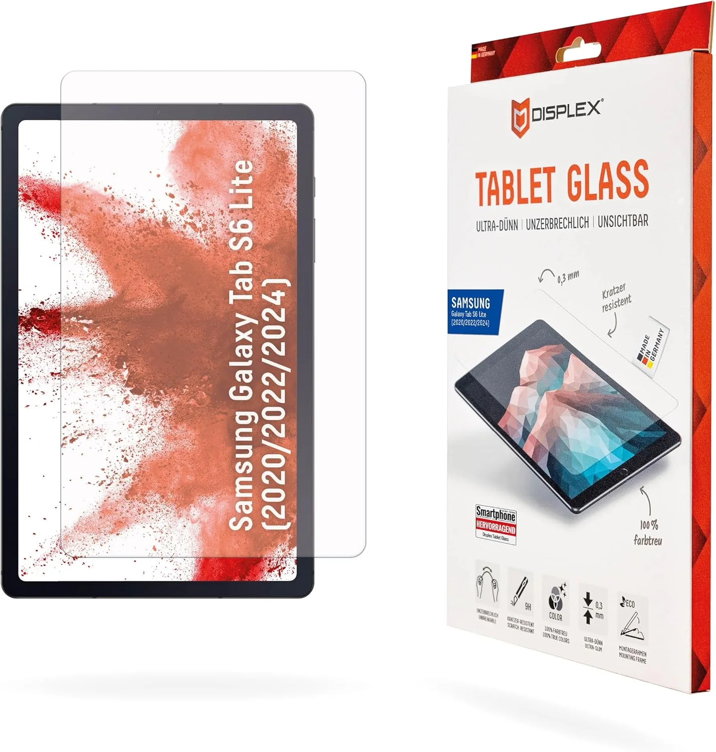 محافظ شیشه ای تبلت (9H) دیسپلکس برای سامسونگ گلکسی تب S6 لایت، فریم نصب سازگار با محیط زیست L شکل، فوق العاده نازک و نامرئی