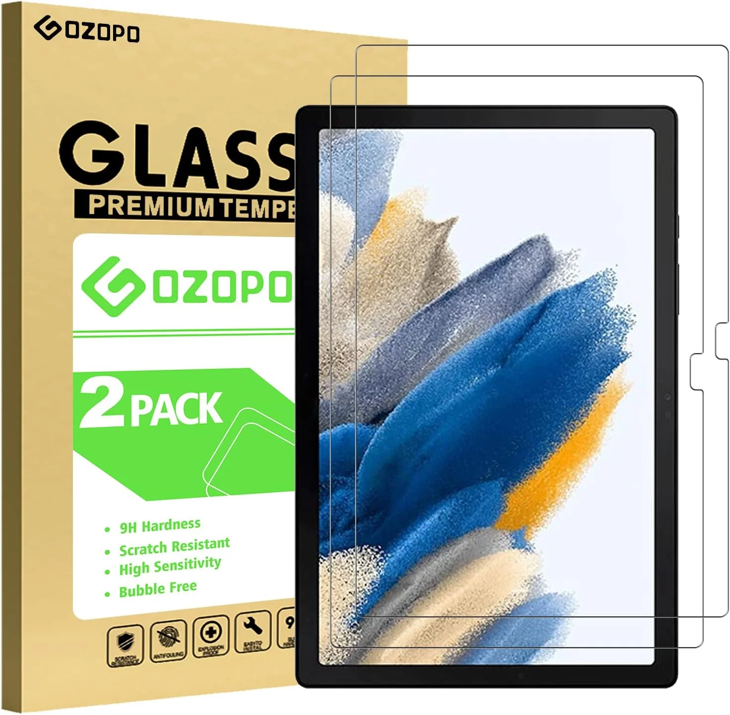 محافظ صفحه نمایش GOZOPO (بسته 2 عددی) سازگار با تبلت سامسونگ گلکسی تب A8 10.5 اینچ مدل SM-X200/SM-X205، فیلم شیشه ای حرارت دیده با سختی 9H برای تبلت سامسونگ گلکسی تب A8 10.5 اینچ