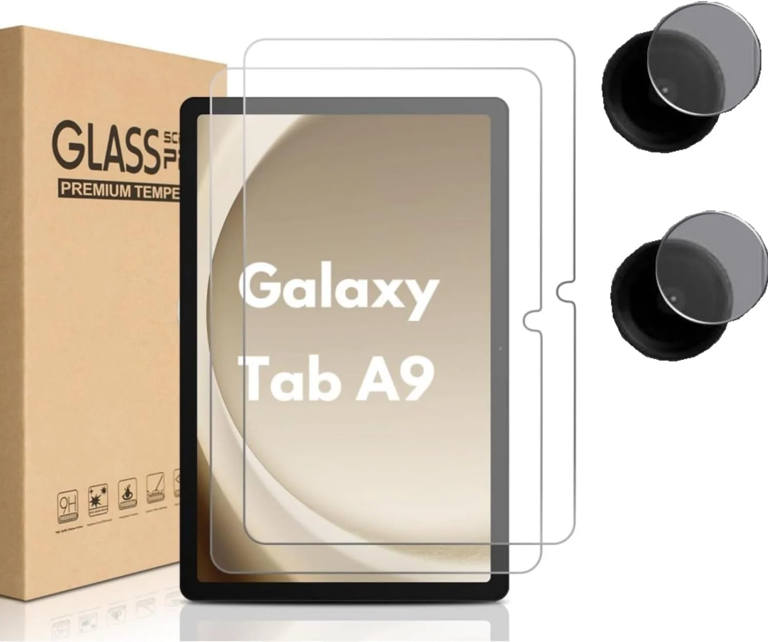 (بسته 2+2 عددی) محافظ صفحه نمایش سازگار با تبلت سامسونگ گلکسی تب A9 8.7 اینچی و فیلم محافظ لنز دوربین، وضوح بالا/نصب آسان/محافظ صفحه نمایش شیشه ای حرارت دیده با سختی 9H