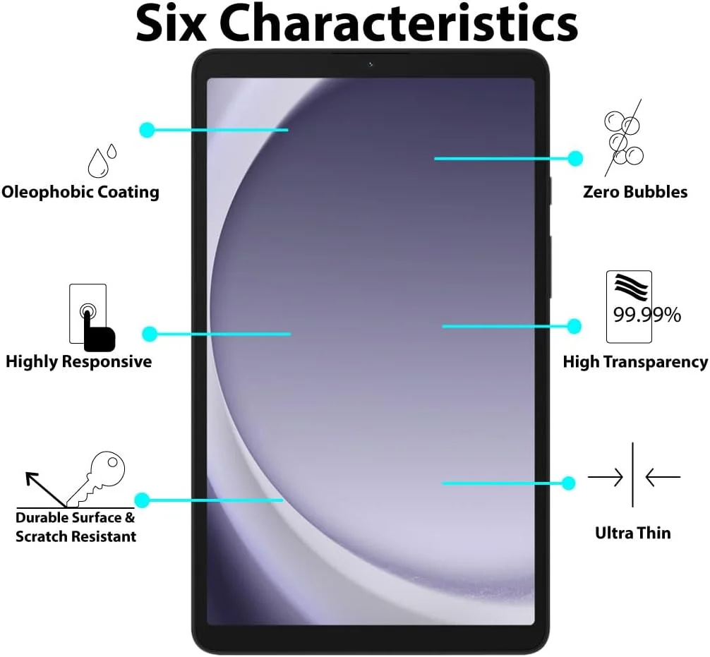 محافظ صفحه نمایش Al-HuTrusHi سازگار با تبلت سامسونگ گلکسی تب A9، سختی 9H، ضد خش، ضد روغن، ضد حباب، لبه گرد 2.5D، شفاف