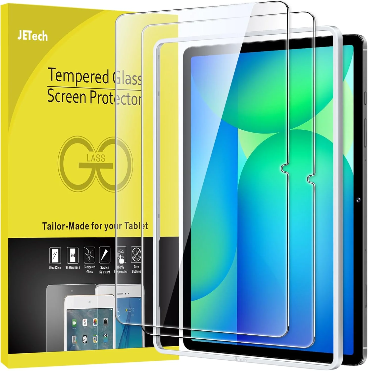 محافظ صفحه نمایش JETech برای تبلت سامسونگ گلکسی تب S10 FE Plus/S10 FE+ 2025 (13.1 اینچ)، همراه با قاب نصب آسان، فیلم شیشه ای حرارت دیده 9H، شفاف HD، بسته 2 عددی