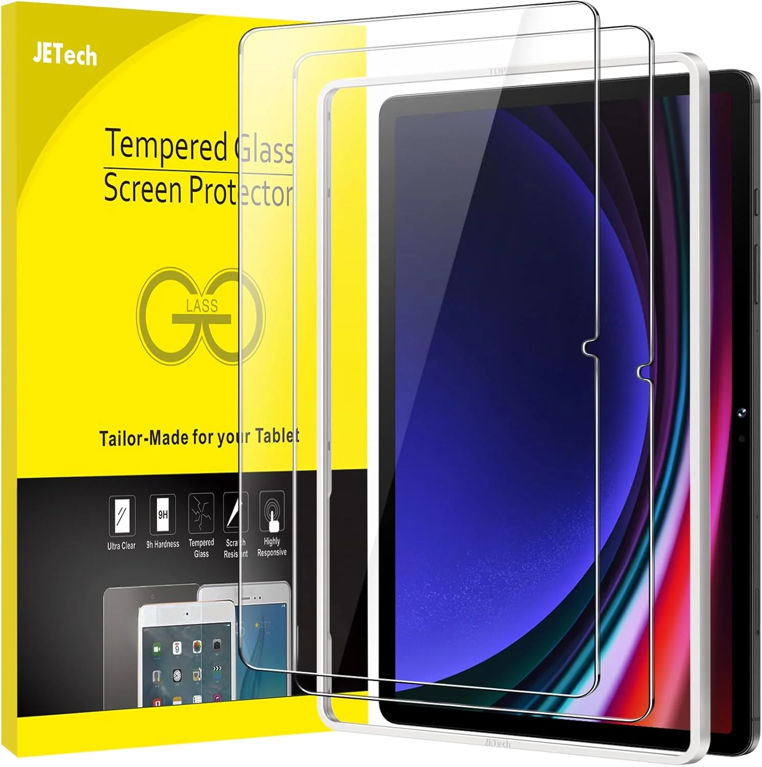 محافظ صفحه نمایش JETech برای تبلت سامسونگ گلکسی تب S9 11 اینچی و گلکسی تب S10 Lite / S10 FE / S9 FE 10.9 اینچی، همراه با قاب نصب آسان، فیلم شیشه ای حرارت دیده، شفاف HD، بسته 2 عددی