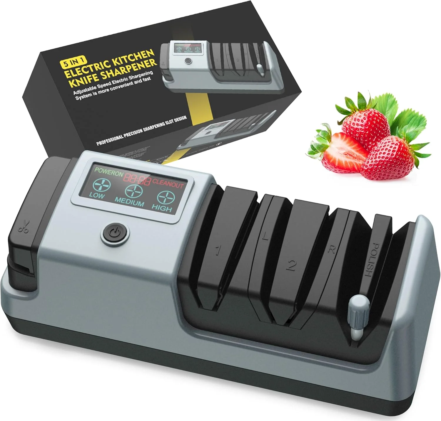 چاقو تیزکن برقی 5 در 1 YOORLEAY - چاقو تیزکن برقی با 3 سرعت چرخش قابل تنظیم، مناسب برای چاقوهای تیغه صاف، چاقوهای دندانه دار و قیچی، خاکستری چاقو تیزکن برقی 5 در 1 YOORLEAY - چاقو تیزکن برقی با 3 سرعت چرخش قابل تنظیم، مناسب برای چاقوهای تیغه صاف، چاقوهای دندانه دار و قیچی، خاکستری