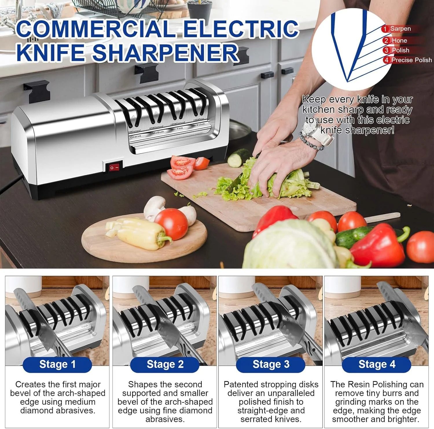 چاقو تیز کن برقی حرفه ای و سنگین YBSVO با 4 مرحله چاقو تیز کن برقی حرفه ای و سنگین YBSVO با 4 مرحله