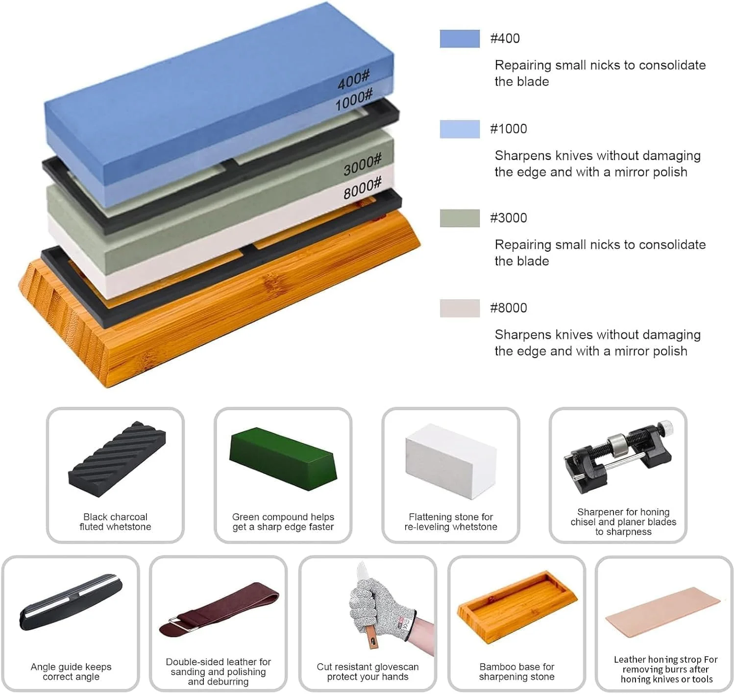 مجموعه سنگ تیزکن چاقو TFMOJHST - سنگ تیزکن آشپزخانه 4 طرفه با درجه زبری 400/1000 3000/8000، سنگ تیزکن حرفه ای آشپزخانه شامل پایه های لاستیکی ضد لغزش، سنگ صاف کننده مجموعه سنگ تیزکن چاقو TFMOJHST - سنگ تیزکن آشپزخانه 4 طرفه با درجه زبری 400/1000 3000/8000، سنگ تیزکن حرفه ای آشپزخانه شامل پایه های لاستیکی ضد لغزش، سنگ صاف کننده