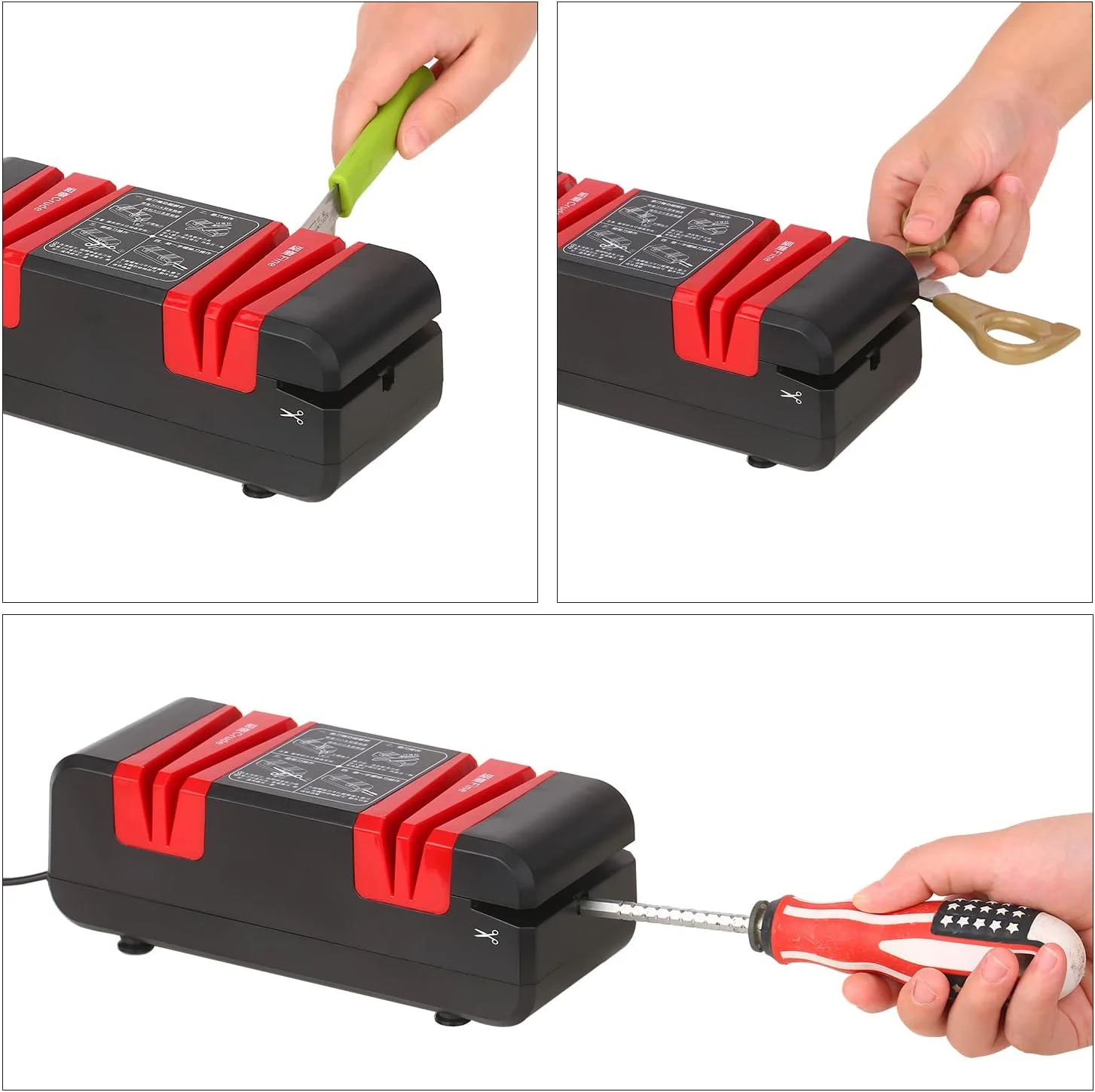 چاقو تیز کن برقی حرفه ای Sunydog چند منظوره اتوماتیک با شکاف های زاویه 15 درجه برای چاقوهای صاف دندانه دار، قیچی، و کاتر آشپزخانه