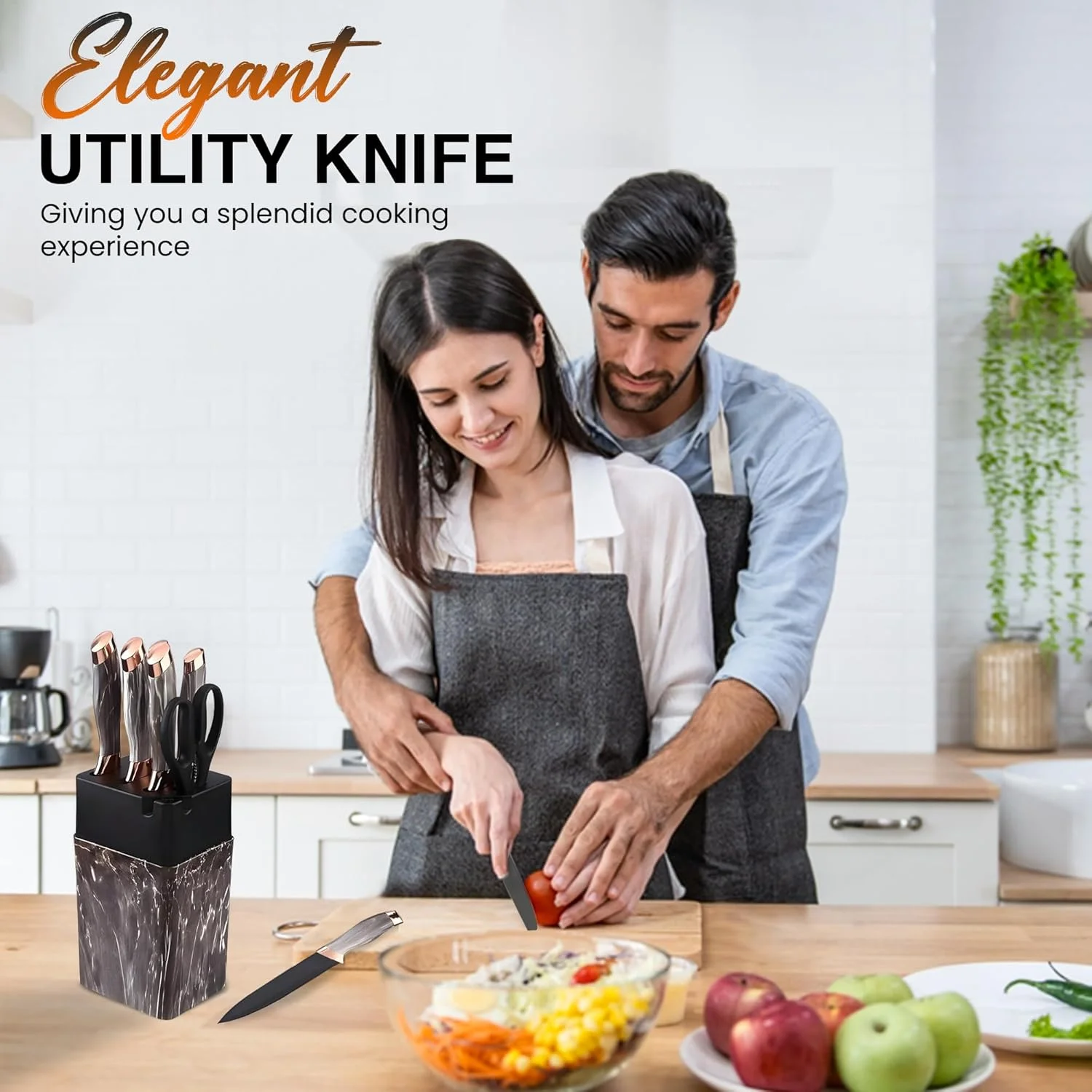 ست چاقوی آشپزخانه 7 تکه استیل ضد زنگ SHOPPING VIBES - چاقوی تیز سرآشپز، قیچی و تیزکن با دسته های طرح سنگ مرمر و جا چاقویی - ست کارد و چنگال برای آشپزهای خانگی و حرفه ای! (مشکی/برنزی)