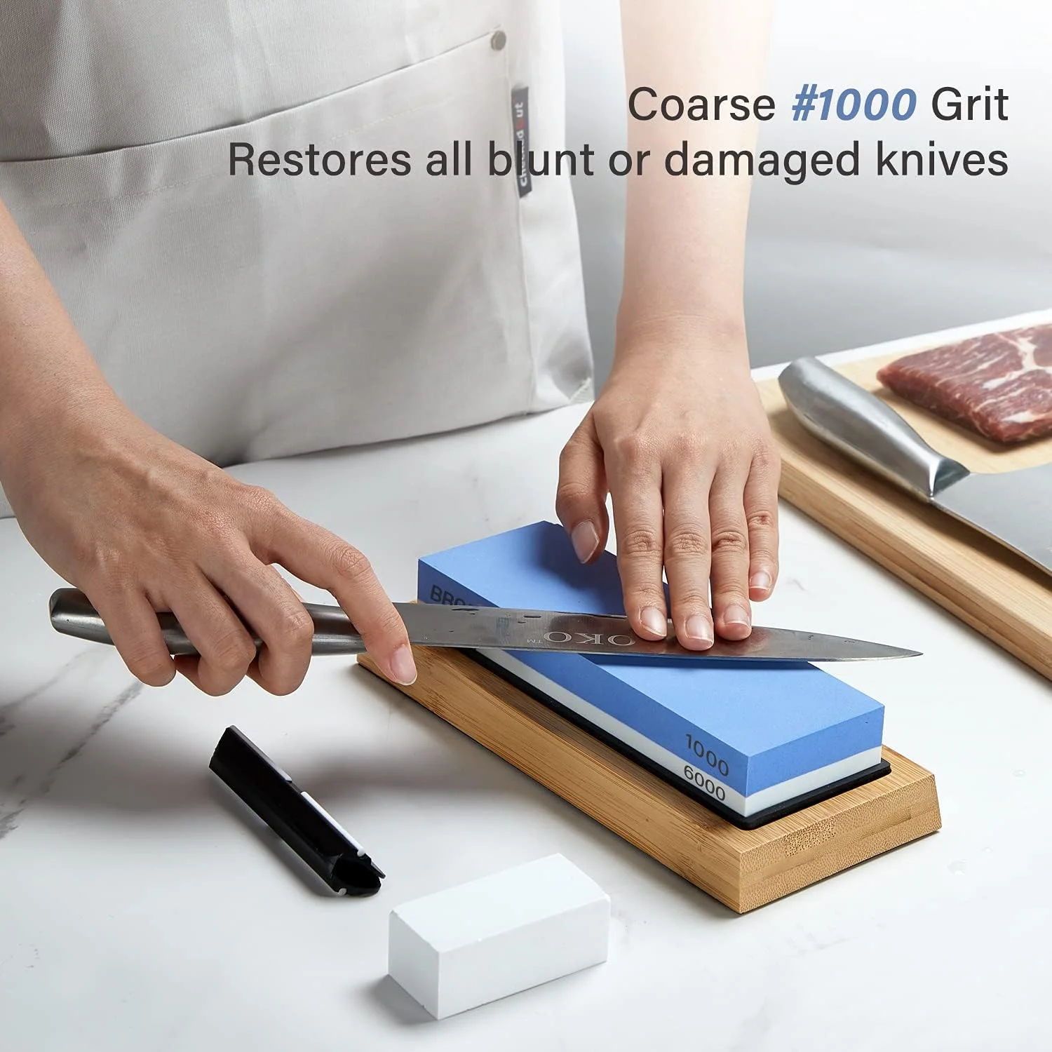 سنگ چاقو تیز کن کروندوم 2 در 1، سنگ تیز کننده چاقو با دو درجه زبری 1000/6000 به همراه پایه سیلیکونی ضد لغزش و راهنمای زاویه، سنگ اصلاح ایده آل برای سرآشپزها و علاقه مندان به آشپزی