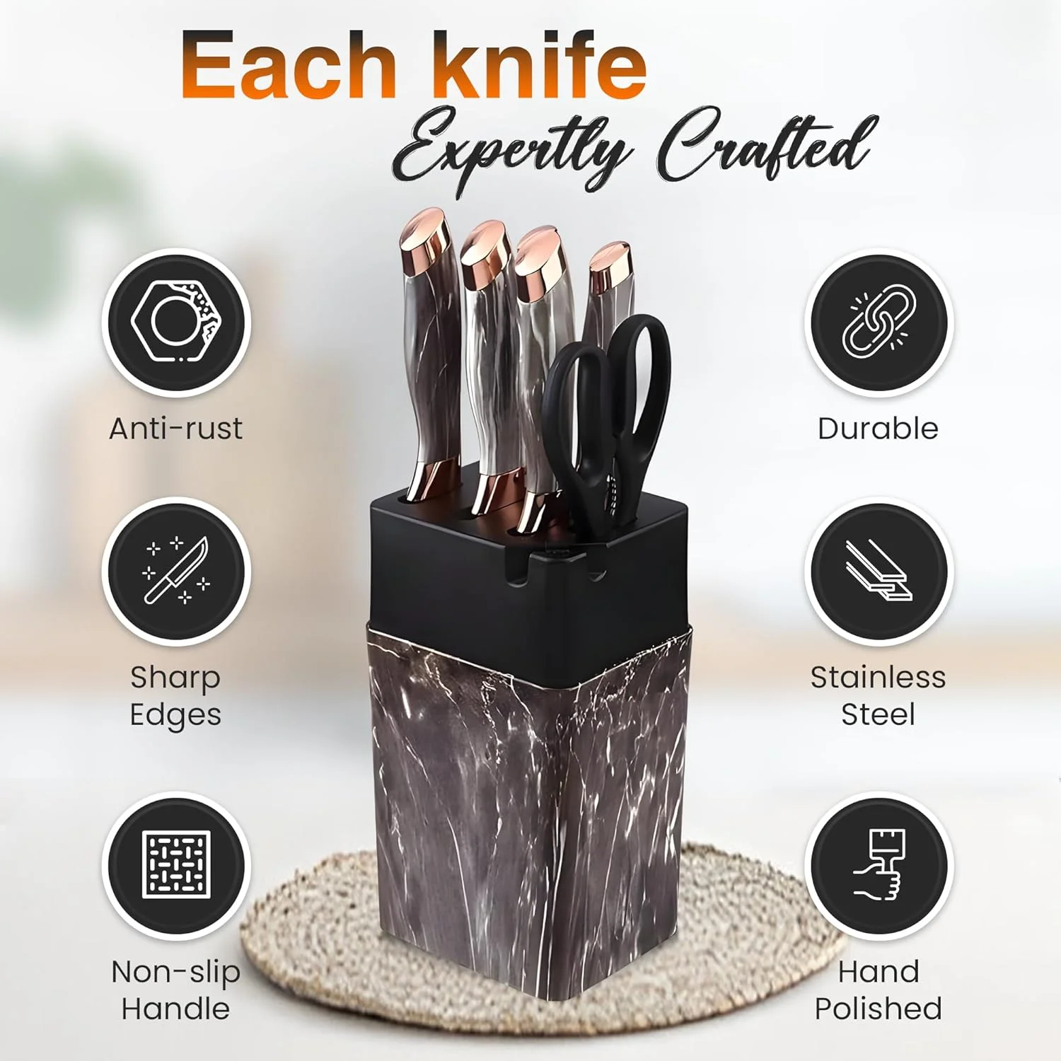 ست چاقوی آشپزخانه 7 تکه استیل ضد زنگ SHOPPING VIBES - چاقوی تیز سرآشپز، قیچی و تیزکن با دسته های طرح سنگ مرمر و جا چاقویی - ست کارد و چنگال برای آشپزهای خانگی و حرفه ای! (مشکی/برنزی)