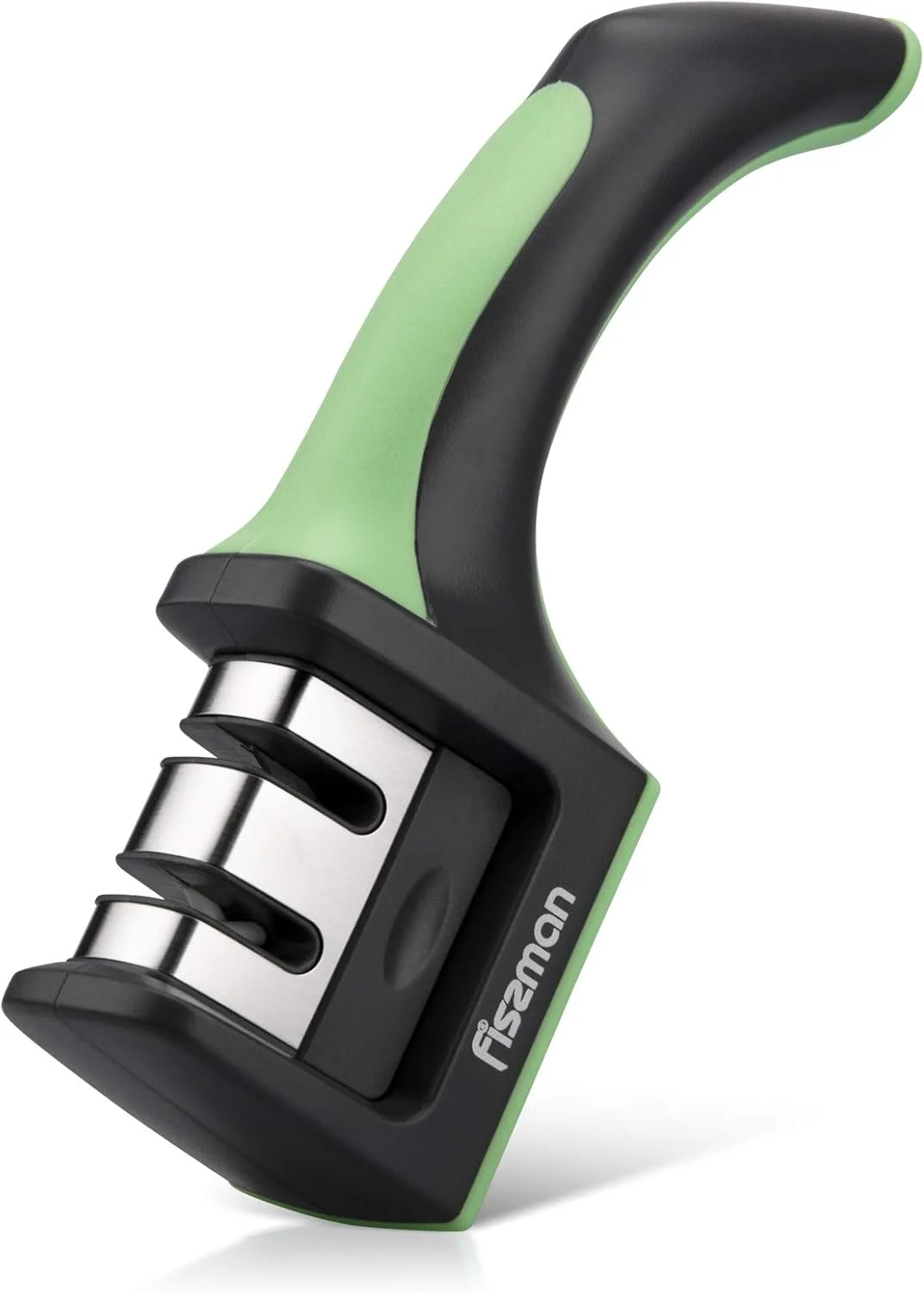 چاقو تیز کن فیسمن مدل Green Tea، دارای دو مرحله تیز کردن با چرخ های تنگستن کاربید و سرامیک، مناسب برای صیقل دادن چاقوهای آشپزخانه با استفاده آسان، مناسب برای چاقوهای صاف، ایده آل برای مصارف خانگی، ابعاد 19x5x6 سانتی متر