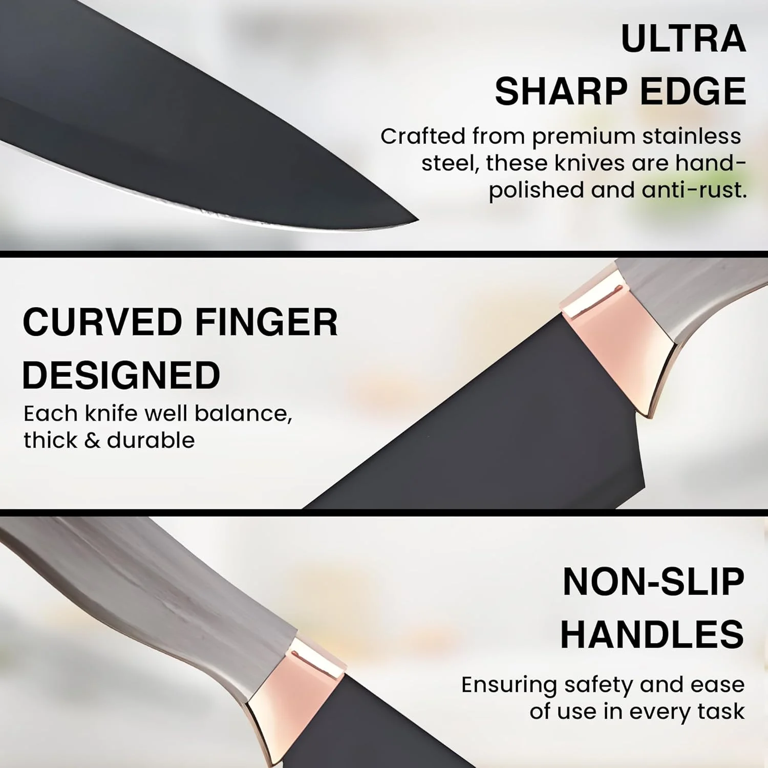 ست چاقوی آشپزخانه 7 تکه استیل ضد زنگ SHOPPING VIBES - چاقوی تیز سرآشپز، قیچی و تیزکن با دسته های طرح سنگ مرمر و جا چاقویی - ست کارد و چنگال برای آشپزهای خانگی و حرفه ای! (مشکی/برنزی)