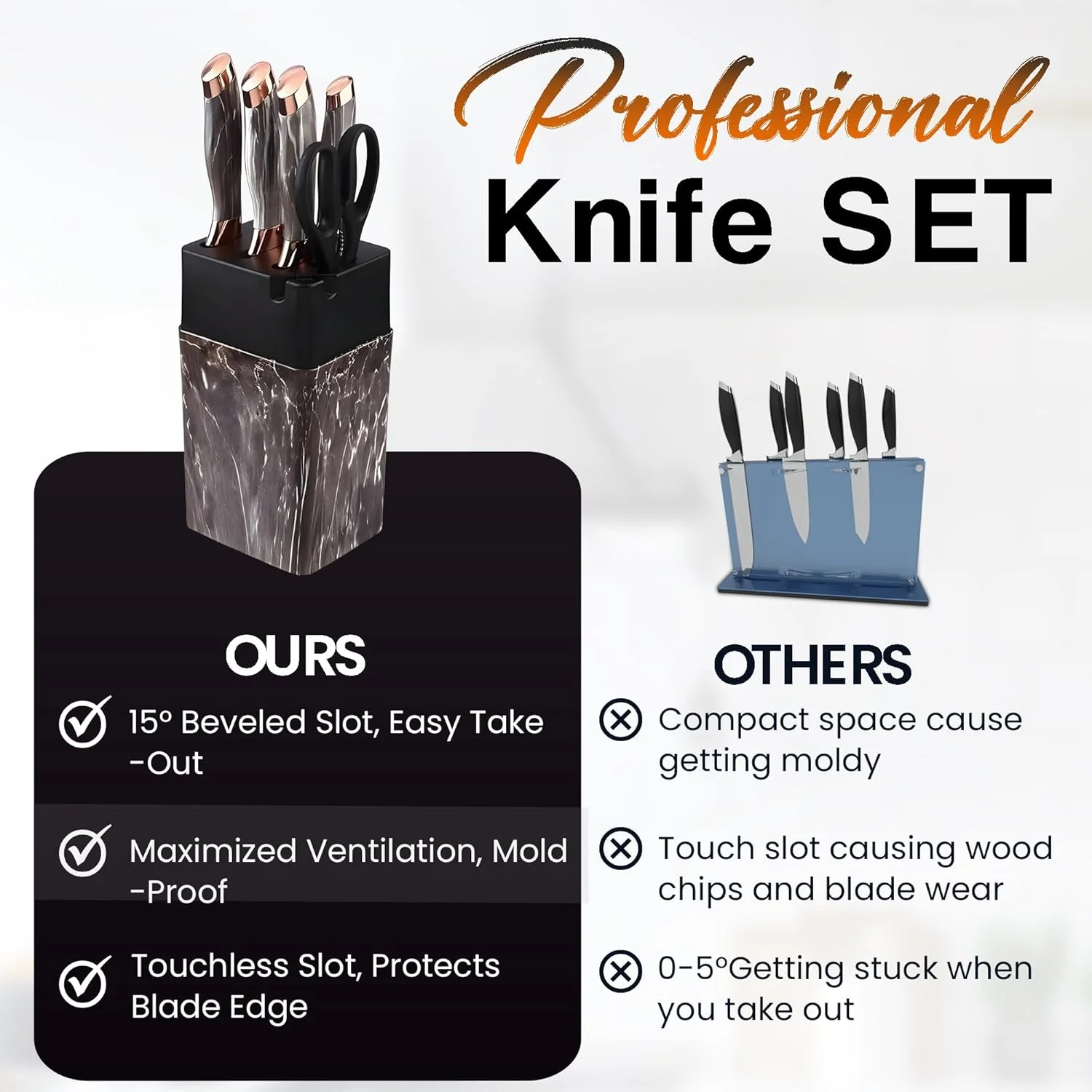 ست چاقوی آشپزخانه 7 تکه استیل ضد زنگ SHOPPING VIBES - چاقوی تیز سرآشپز، قیچی و تیزکن با دسته های طرح سنگ مرمر و جا چاقویی - ست کارد و چنگال برای آشپزهای خانگی و حرفه ای! (مشکی/برنزی)