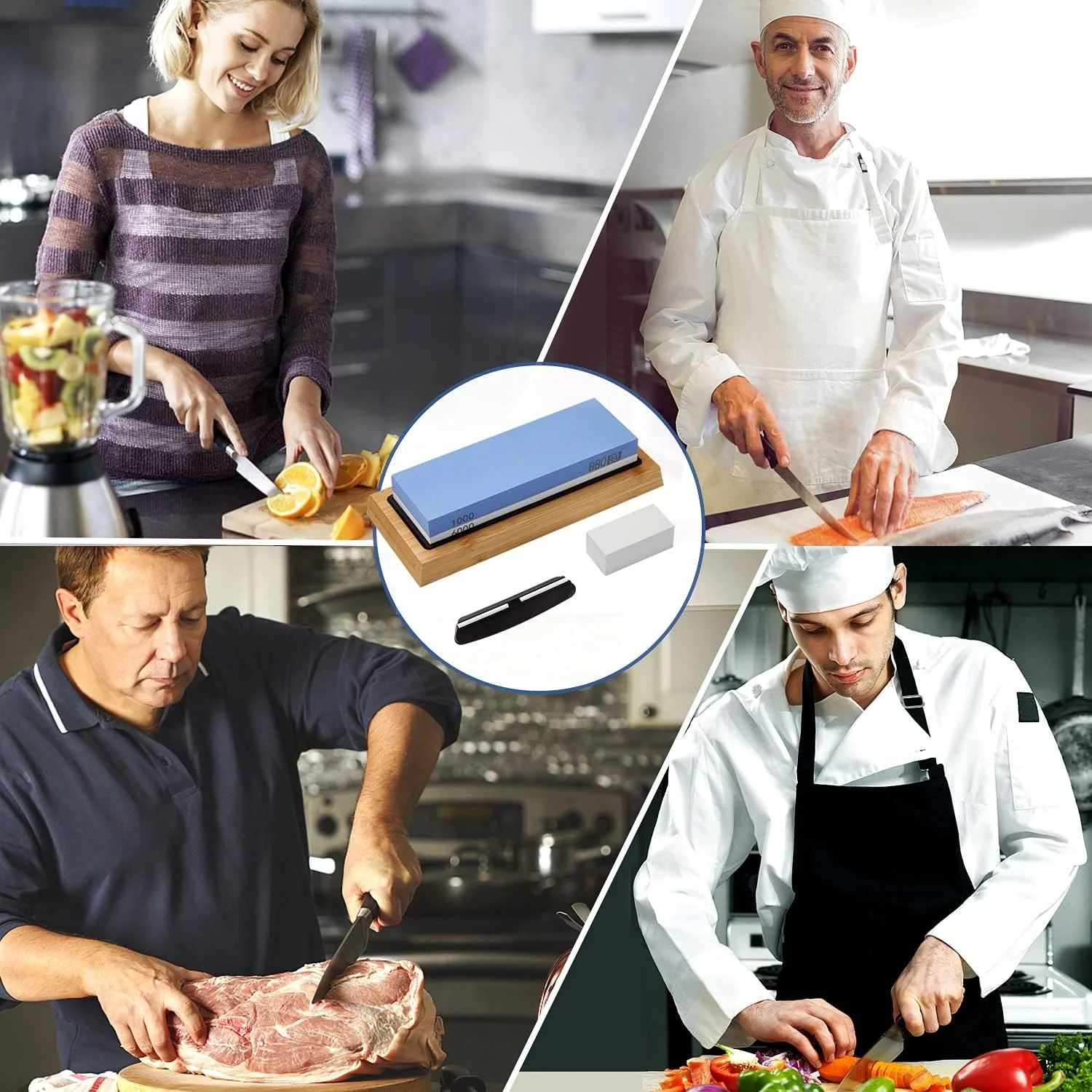 سنگ چاقو تیز کن کروندوم 2 در 1، سنگ تیز کننده چاقو با دو درجه زبری 1000/6000 به همراه پایه سیلیکونی ضد لغزش و راهنمای زاویه، سنگ اصلاح ایده آل برای سرآشپزها و علاقه مندان به آشپزی